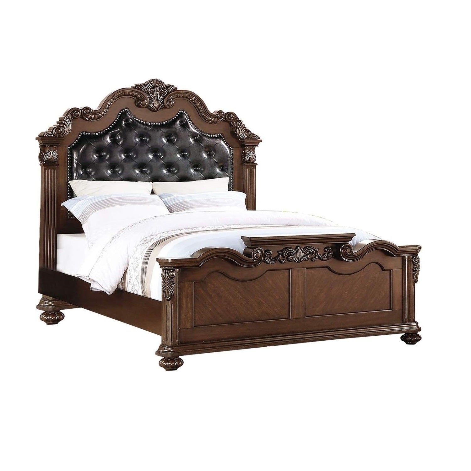 Gorgeous Traditional Antique Cherry Eastern King Size Bed Tufted Faux Leather HB 2x Nightstands 3pc Bedroom Set