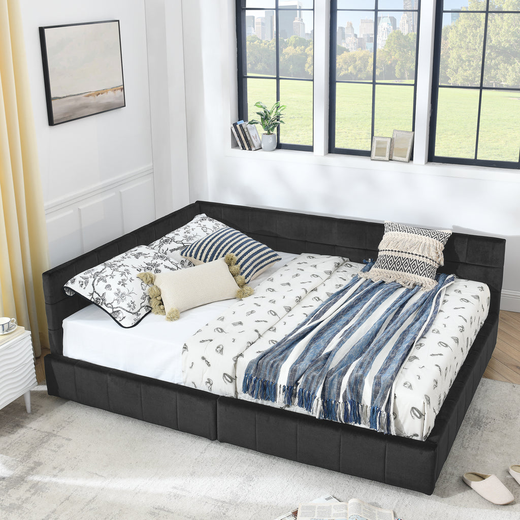 Queen Size Storage Upholstered Tufted Bed Frame, Sofa Bed Frame with Comfortable Backrest and Armrests, Queen Size Bed for Bedroom, Living Room,Velvet, BLACK(85.5''*64.5''*29.5'')