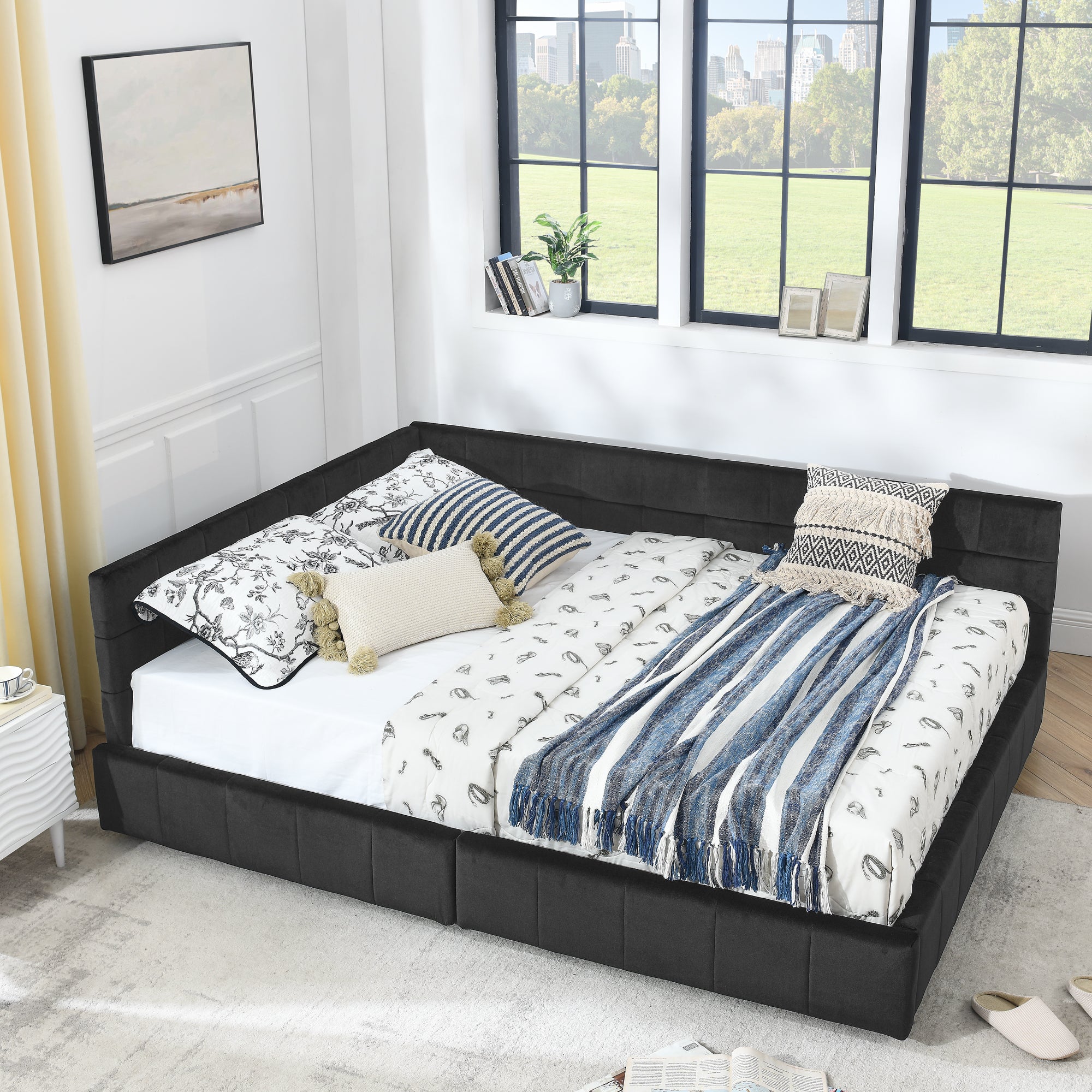 Queen Size Storage Upholstered Tufted Bed Frame, Sofa Bed Frame with Comfortable Backrest and Armrests, Queen Size Bed for Bedroom, Living Room,Velvet, BLACK(85.5''*64.5''*29.5'')