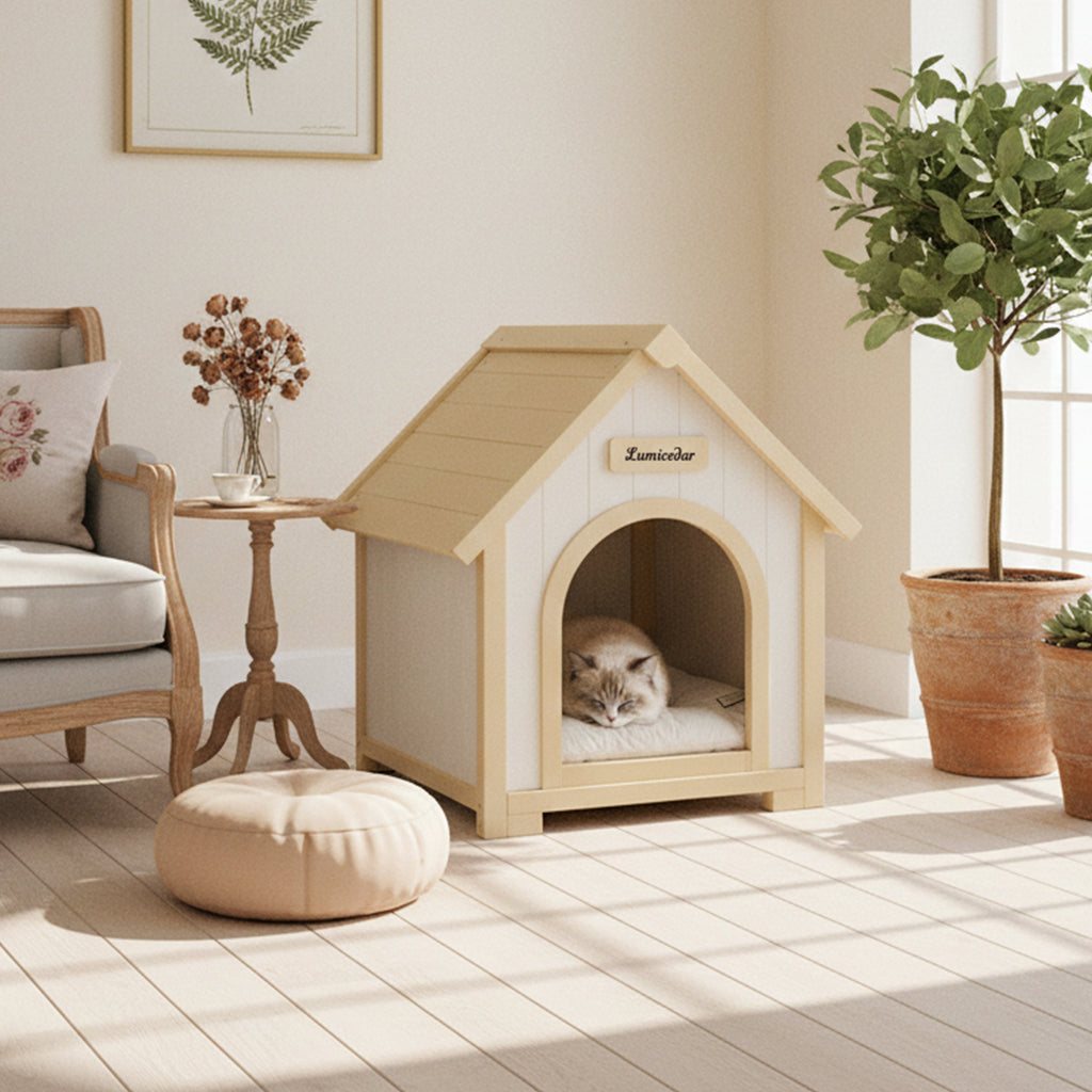 Modern Indoor Wooden Dog House with EVA Cushion – Solid Cedar Pet House for Small Dogs & Cats