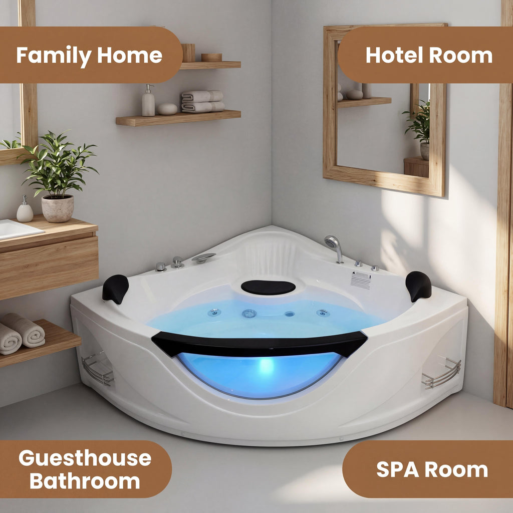 59" Corner Whirlpool Bathtub for 2-Person, Luxury Jetted Spa Tub with 6 Hydro Massage Jets, Chromatherapy LED Lights &Pneumatic adjust system, UL Certified water pump,UPC Certified drainer