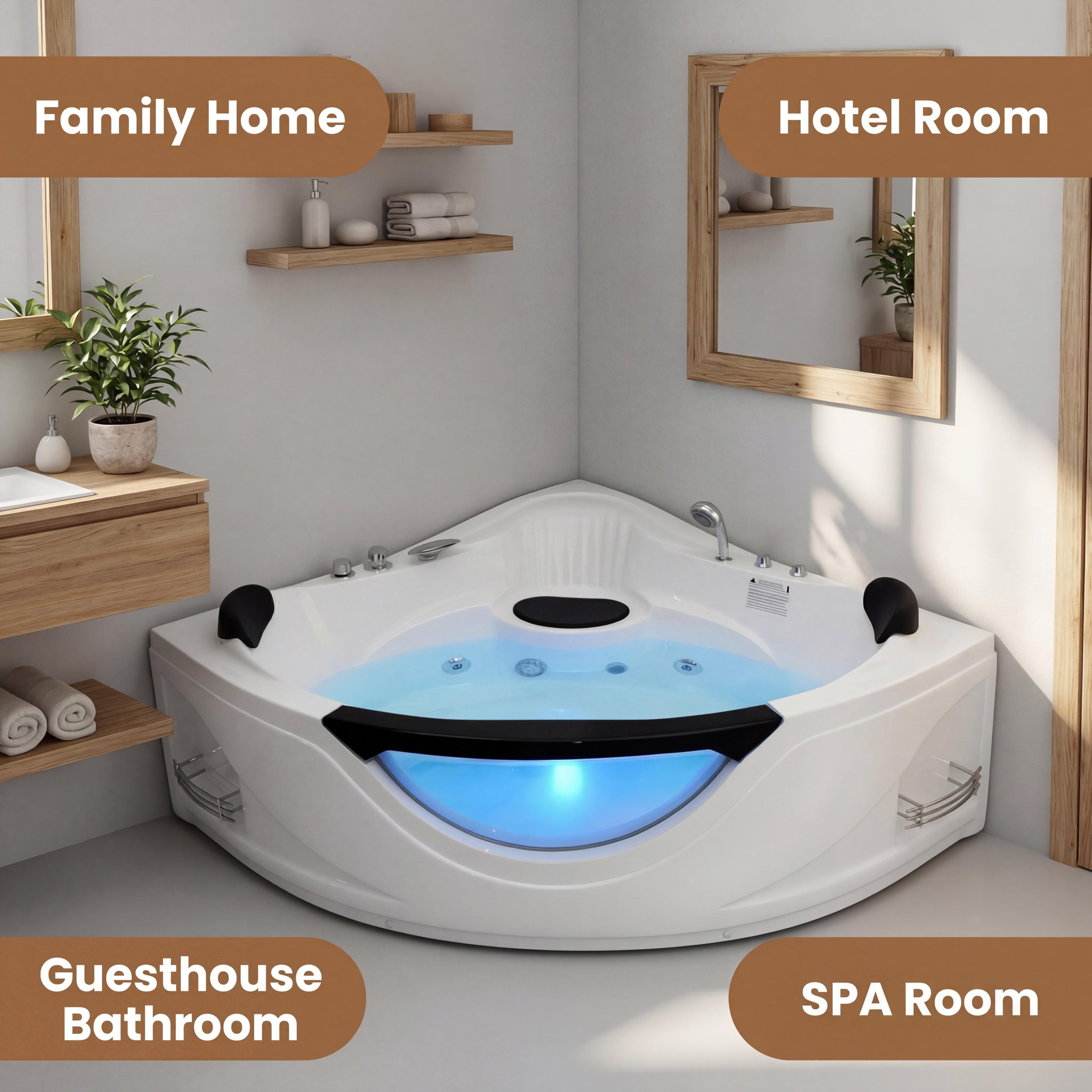 59" Corner Whirlpool Bathtub for 2-Person, Luxury Jetted Spa Tub with 6 Hydro Massage Jets, Chromatherapy LED Lights &Pneumatic adjust system, UL Certified water pump,UPC Certified drainer