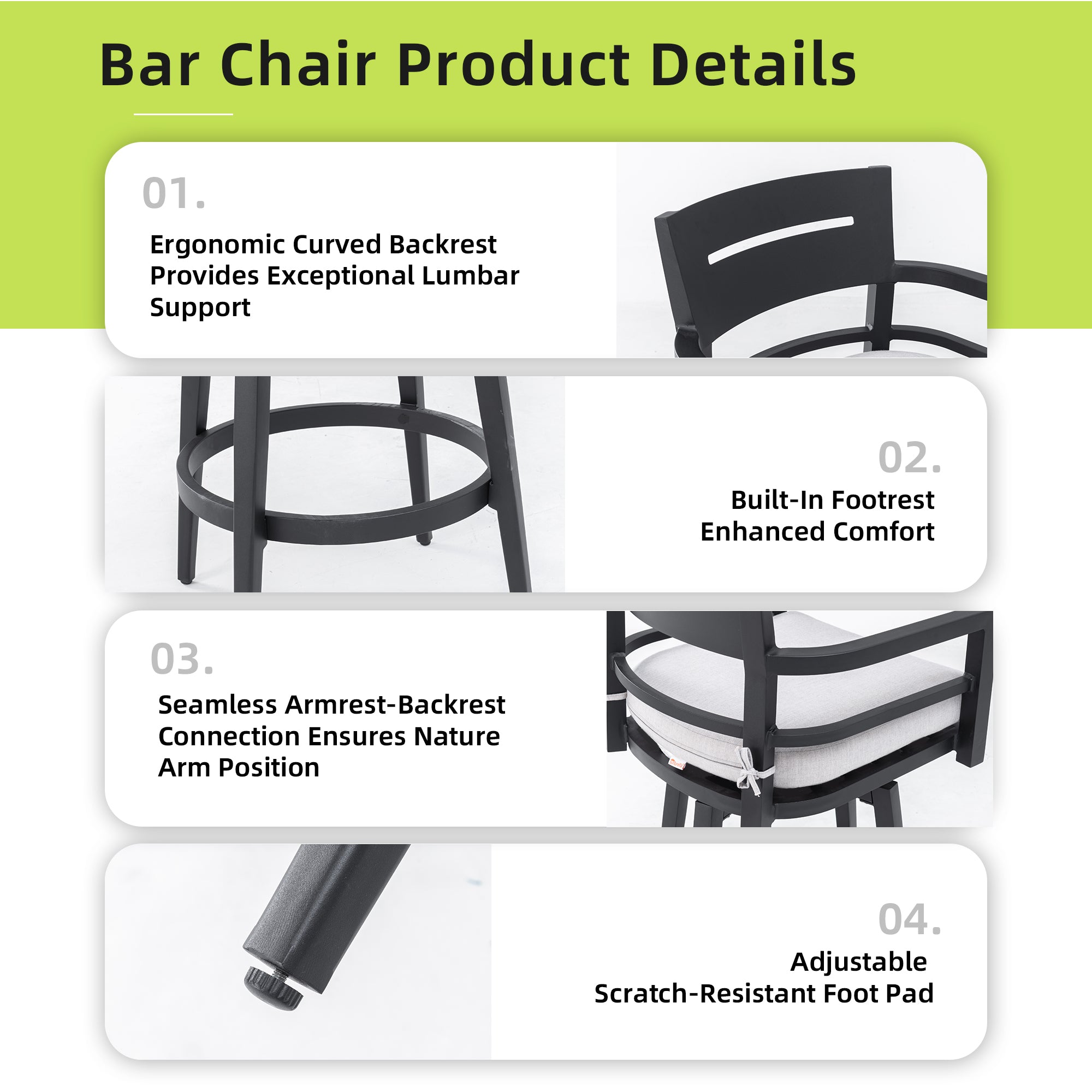 Modern Outdoor 2-Piece Swivel Bar Chairs – Aluminum Frame with Ember Black, 360° Swivel, Ergonomic Backrest & Armrests, Tapered Legs, Sunbrella Cushion, Weather-Resistant & Durable Patio Bar Stool