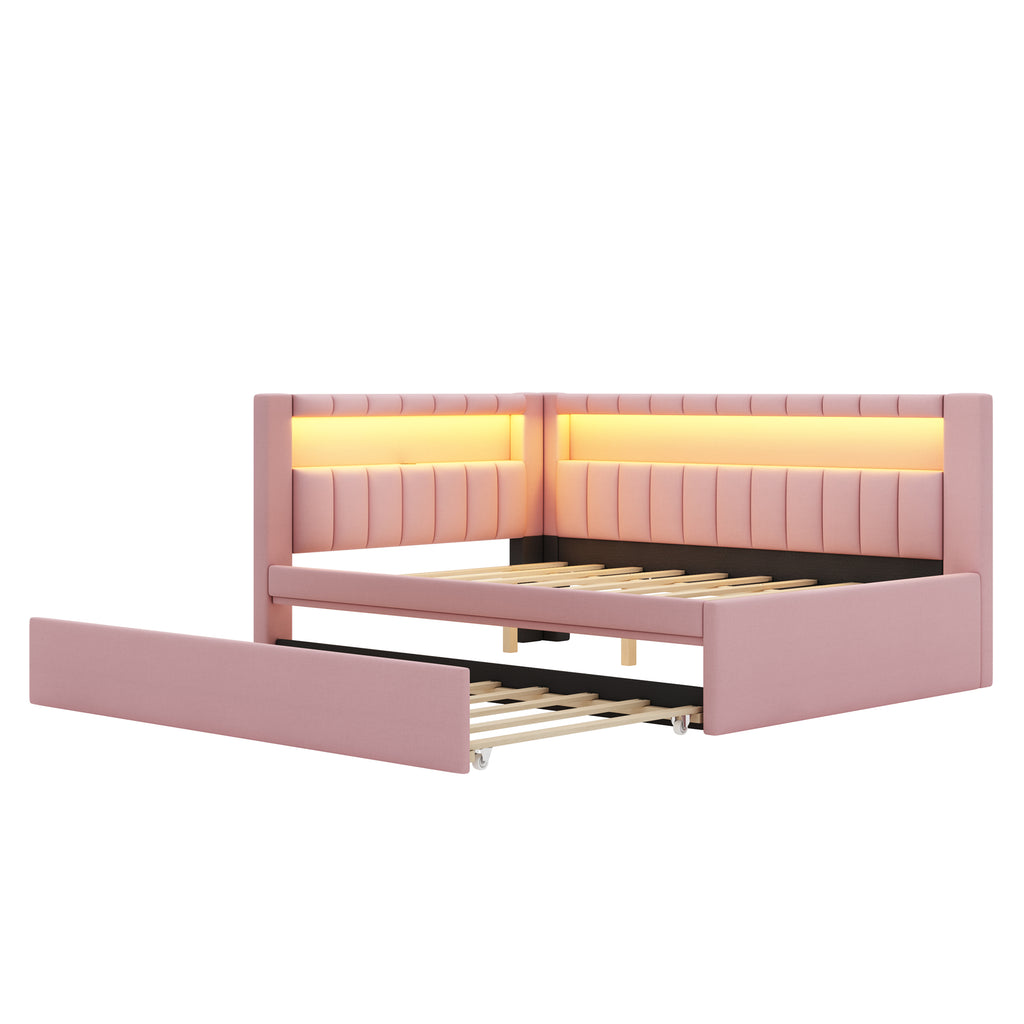 Upholstered Full Size Platform Bed with USB Ports and LED Belt, With Trundle, Pink
