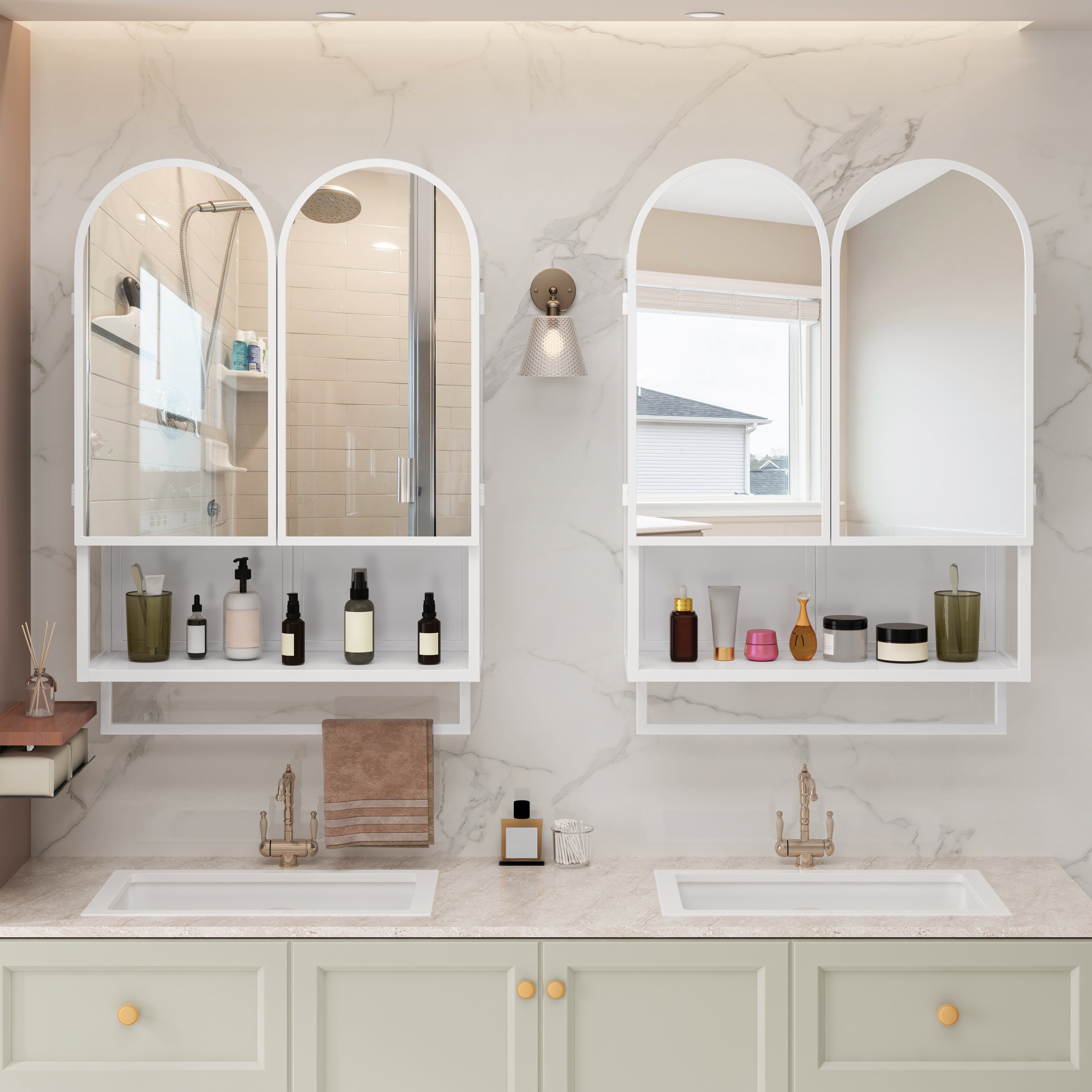 23.62" Modern Double-Arched Mirror Cabinet,2 Doors Medicine Cabinet, Metal Wall Cabinet with Adjustable Shelves and Towel Rack, Mirror Cabinet with Storage for Bathroom, Living Room and Bedroom, White