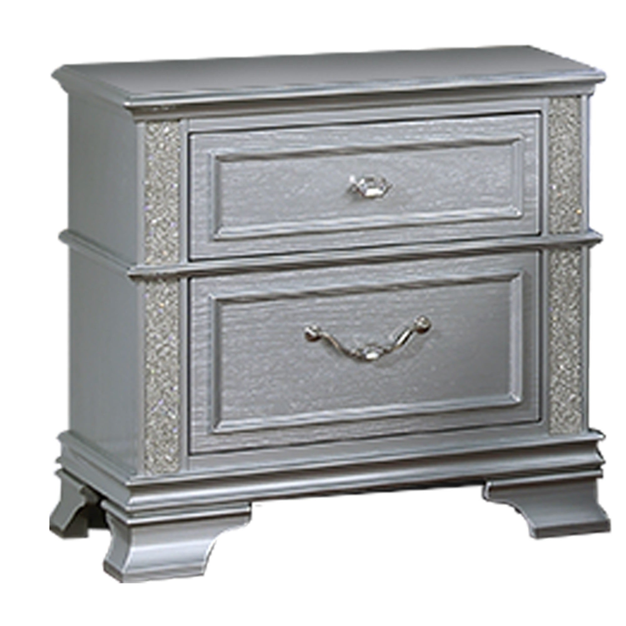 Contemporary Elegant Queen Size Bed 2x Nightstands Footboard Bench Upholstered HB 3pc Set Silver Bedroom