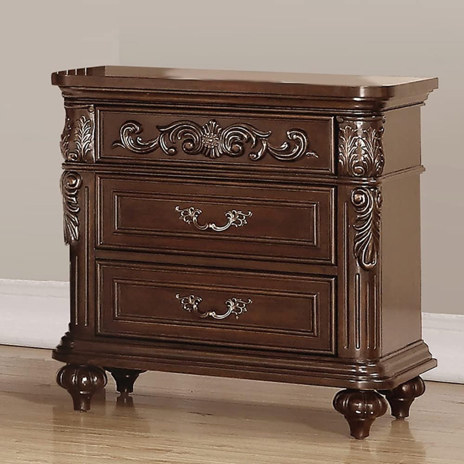 Majestic Formal King Size Bed 2x Nightstands Carved Details Antique Cherry 3pc Set Bedroom Furniture