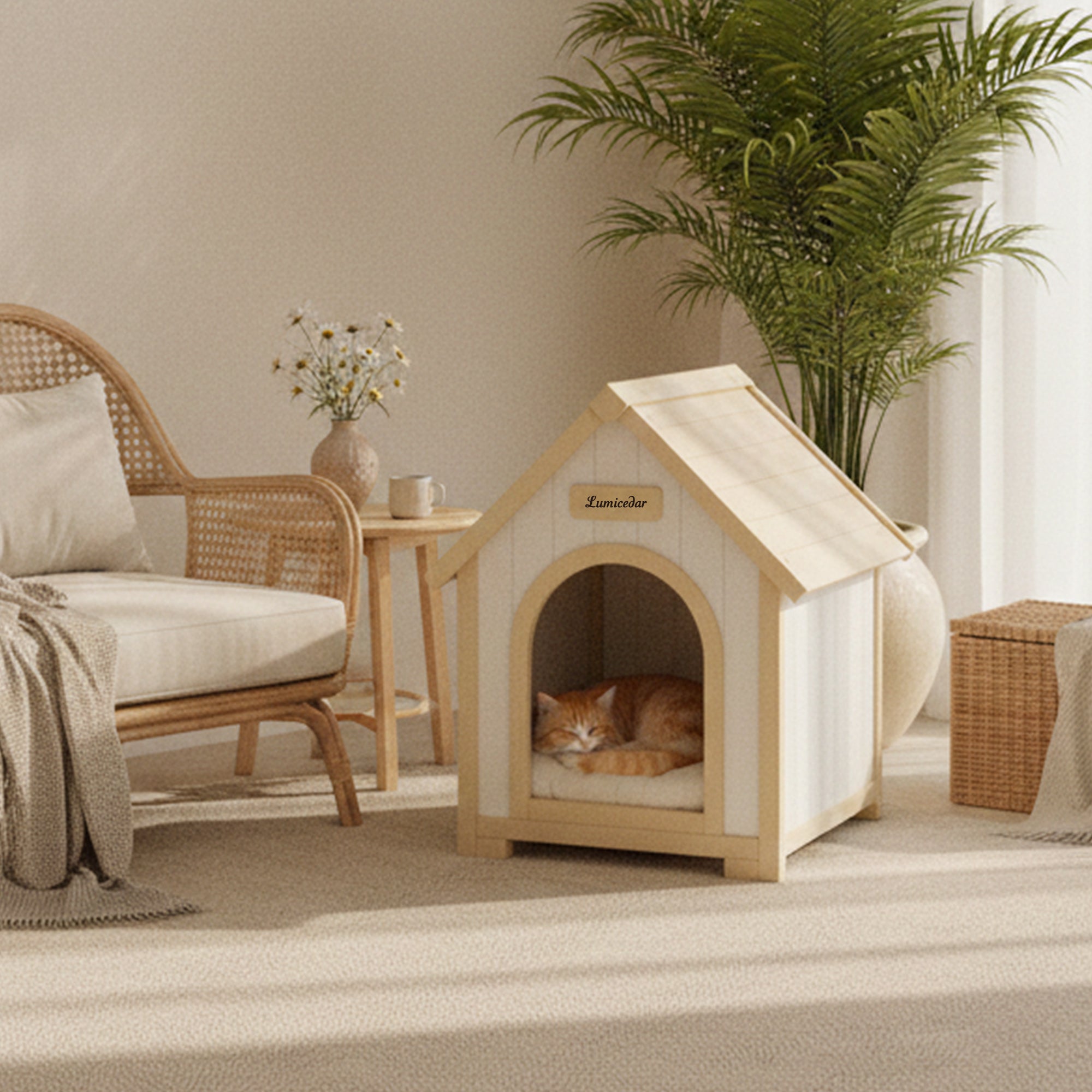 Modern Indoor Wooden Dog House with EVA Cushion – Solid Cedar Pet House for Small Dogs & Cats