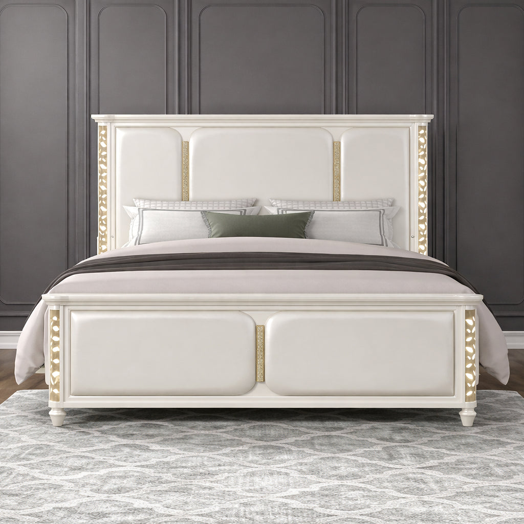 Cinderella Traditional 4 Pc Queen Bedroom Set with LED Lighting, Upholstered Bed and Gold Accents in Beige