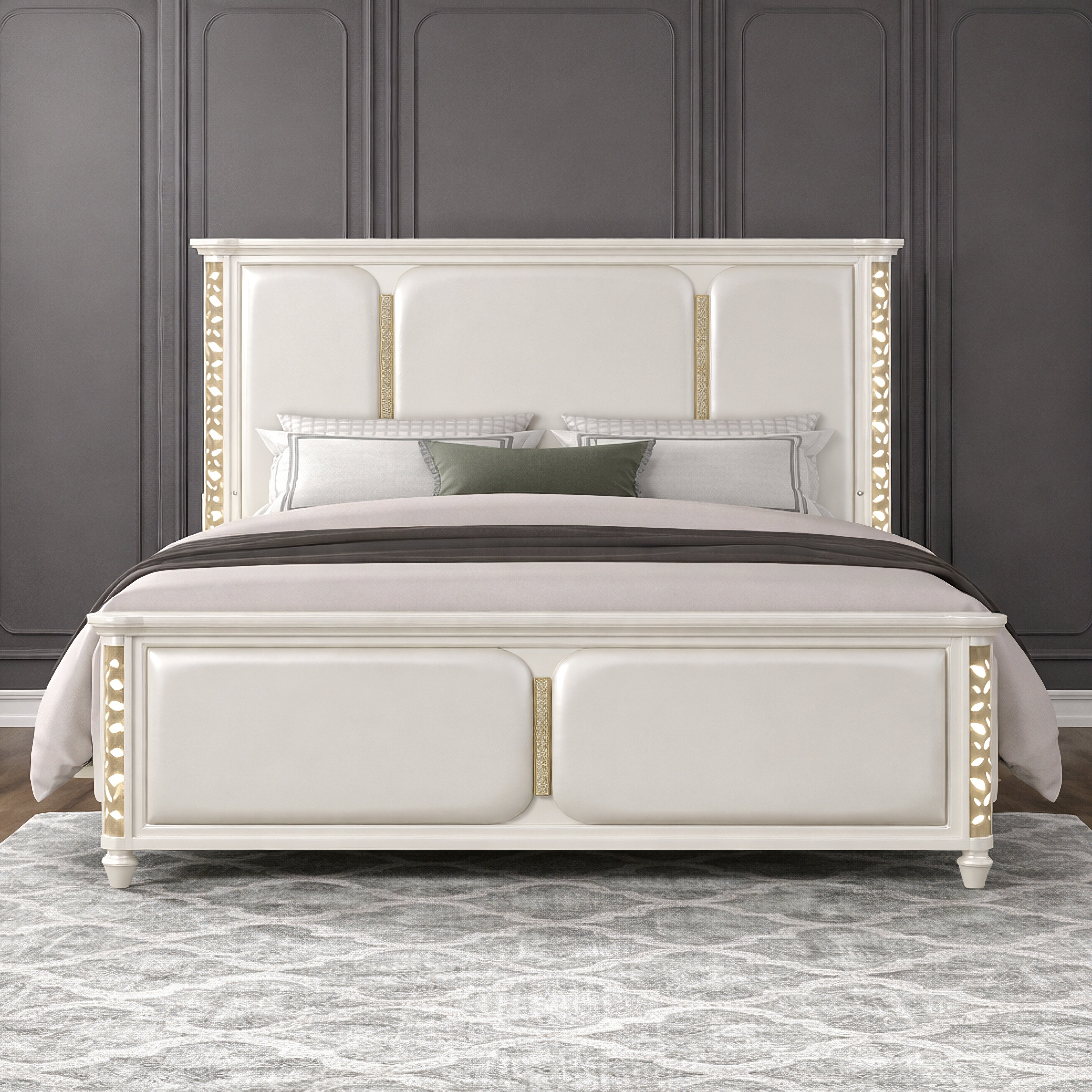 Cinderella Traditional 4 Pc Queen Bedroom Set with LED Lighting, Upholstered Bed and Gold Accents in Beige