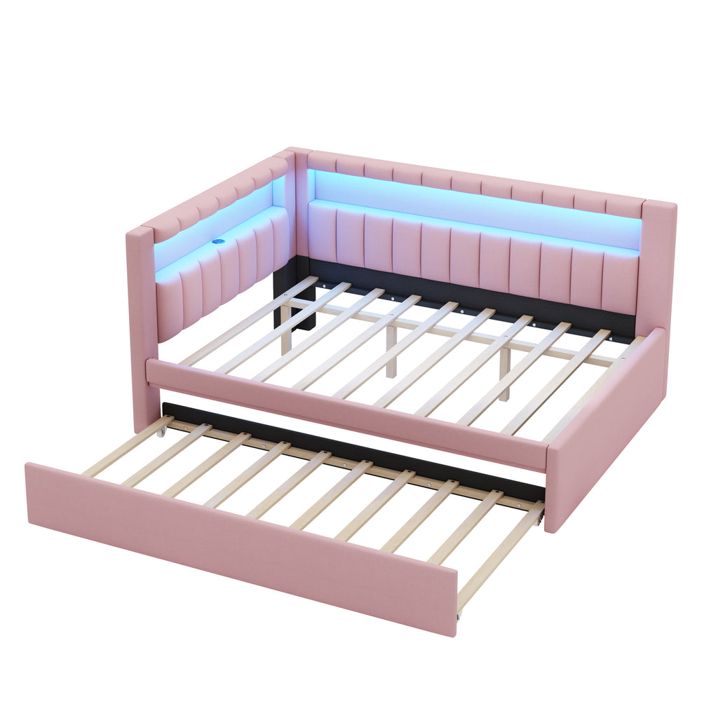 Upholstered Full Size Platform Bed with USB Ports and LED Belt, With Trundle, Pink
