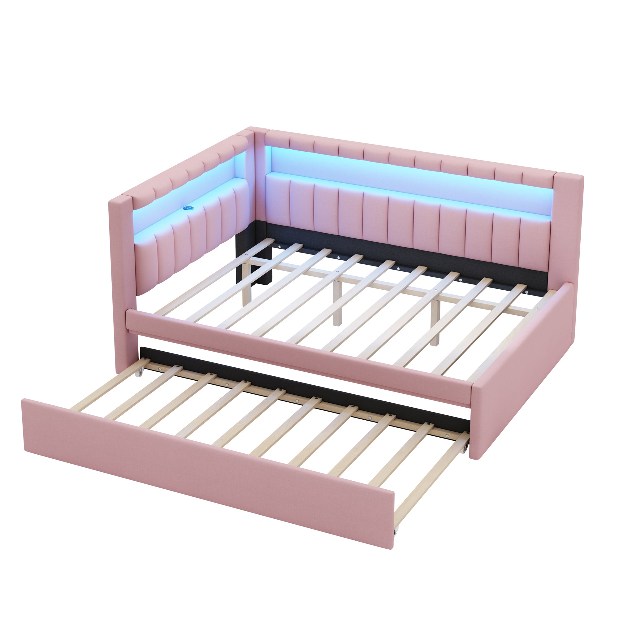Upholstered Full Size Platform Bed with USB Ports and LED Belt, With Trundle, Pink