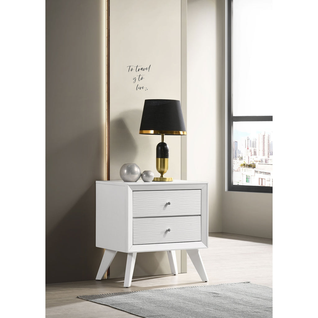 White Queen Size Bed 2x Nightstands Wave Texture Panel HB Bedroom Furniture Contemporary 3pc Set