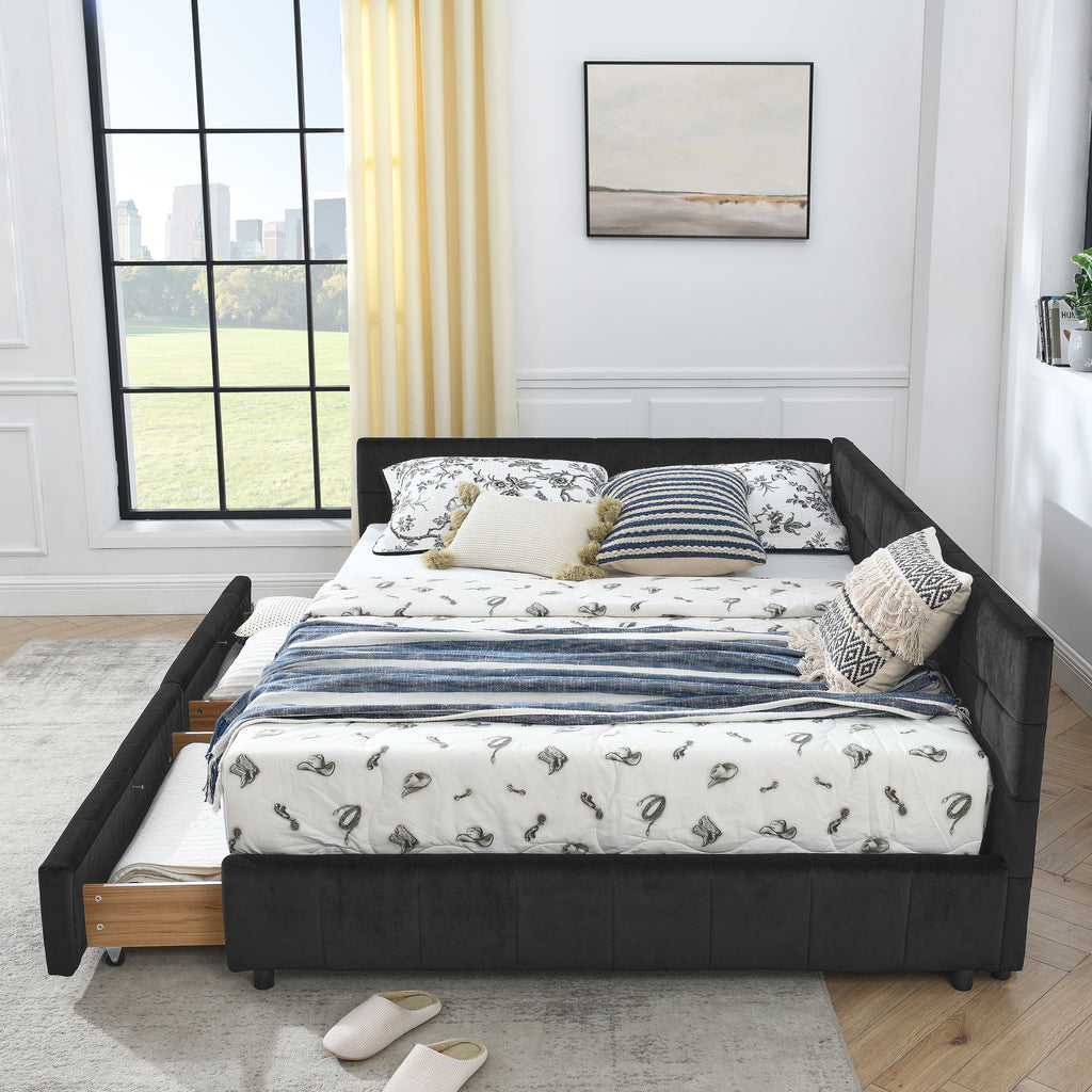 Queen Size Storage Upholstered Tufted Bed Frame, Sofa Bed Frame with Comfortable Backrest and Armrests, Queen Size Bed for Bedroom, Living Room,Velvet, BLACK(85.5''*64.5''*29.5'')