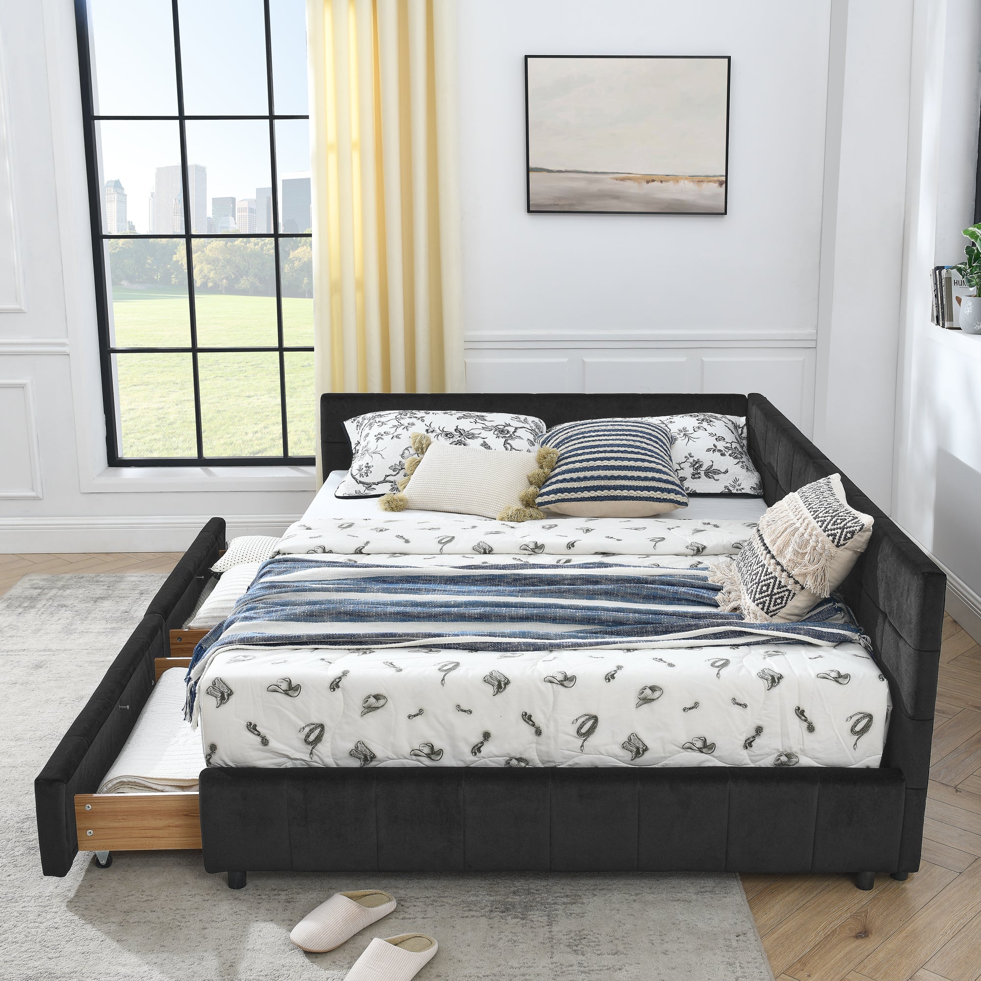 Queen Size Storage Upholstered Tufted Bed Frame, Sofa Bed Frame with Comfortable Backrest and Armrests, Queen Size Bed for Bedroom, Living Room,Velvet, BLACK(85.5''*64.5''*29.5'')