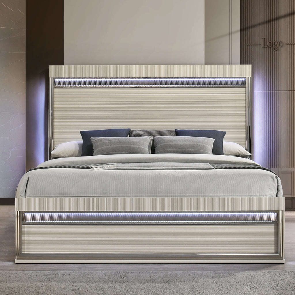 Leonor Modern Queen 4Pc Bedroom Set Made with Wood and LED Lighting in Gray with Clean Linear Detailing