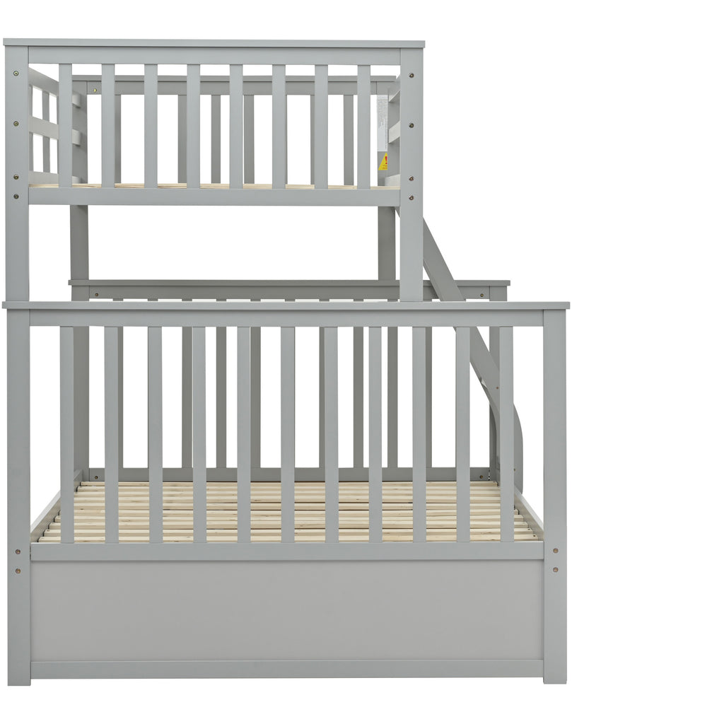 Twin Over Full Bunk Bed , Wooden Bunk Bed with Ladder and Safety Guard Rails –Gray
