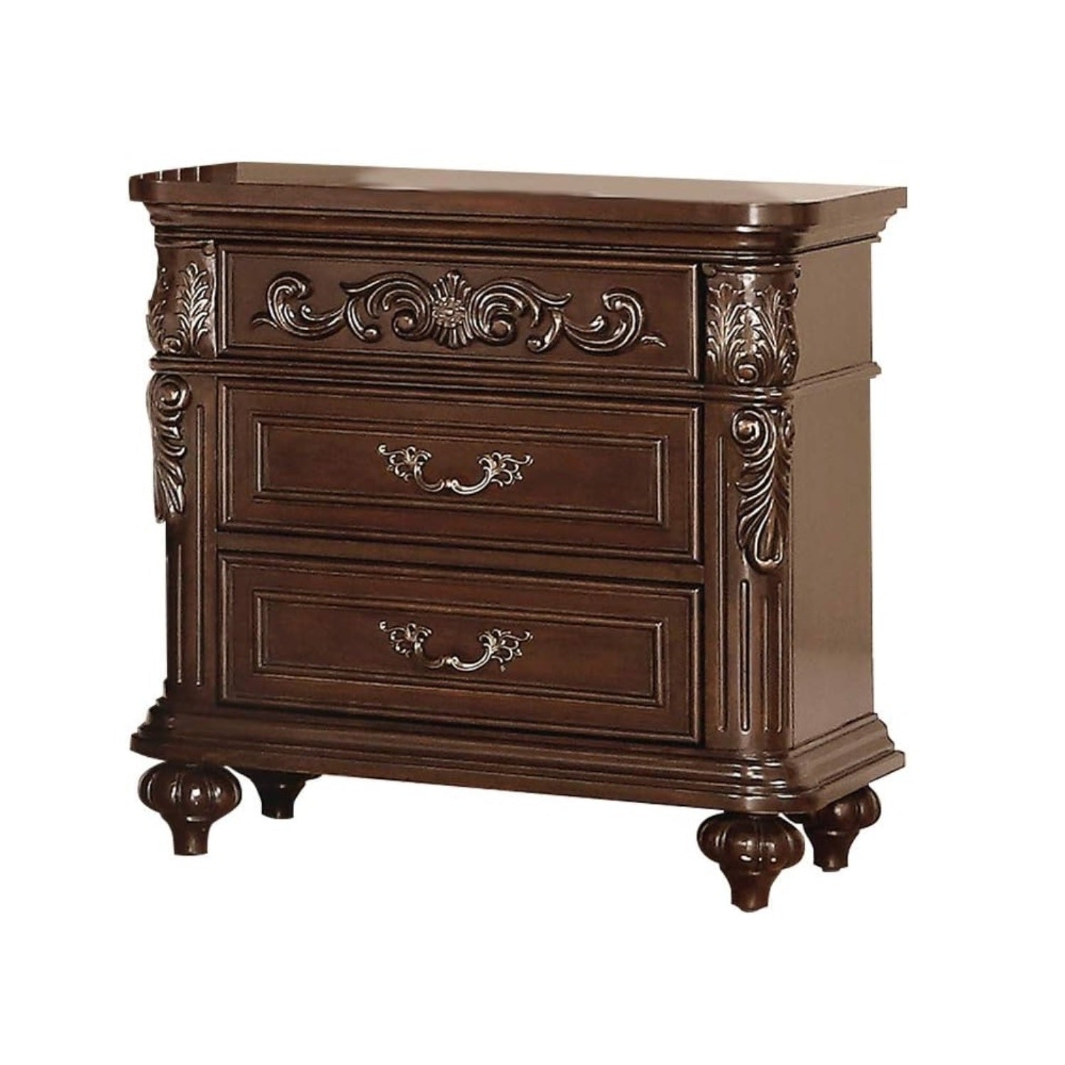 Gorgeous Traditional Antique Cherry Eastern King Size Bed Tufted Faux Leather HB 2x Nightstands 3pc Bedroom Set