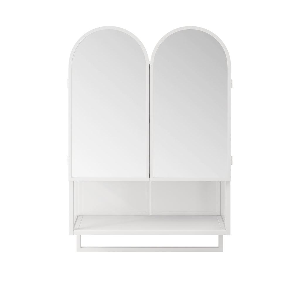23.62" Modern Double-Arched Mirror Cabinet,2 Doors Medicine Cabinet, Metal Wall Cabinet with Adjustable Shelves and Towel Rack, Mirror Cabinet with Storage for Bathroom, Living Room and Bedroom, White