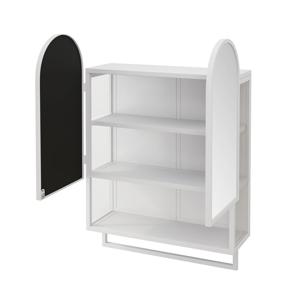23.62" Modern Double-Arched Mirror Cabinet,2 Doors Medicine Cabinet, Metal Wall Cabinet with Adjustable Shelves and Towel Rack, Mirror Cabinet with Storage for Bathroom, Living Room and Bedroom, White