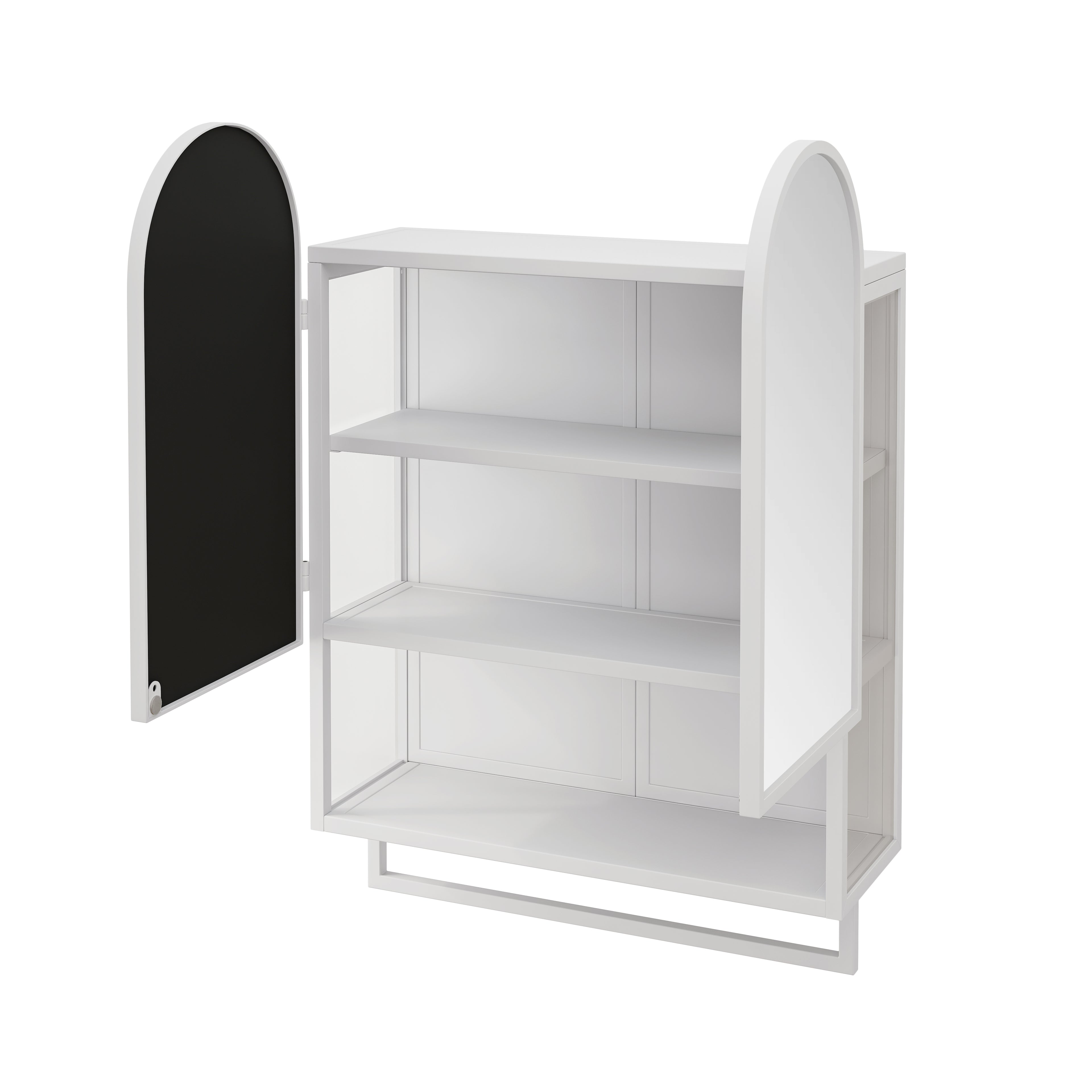 23.62" Modern Double-Arched Mirror Cabinet,2 Doors Medicine Cabinet, Metal Wall Cabinet with Adjustable Shelves and Towel Rack, Mirror Cabinet with Storage for Bathroom, Living Room and Bedroom, White