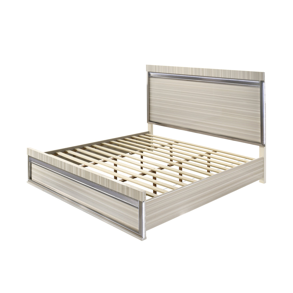 Leonor Modern Queen 4Pc Bedroom Set Made with Wood and LED Lighting in Gray with Clean Linear Detailing