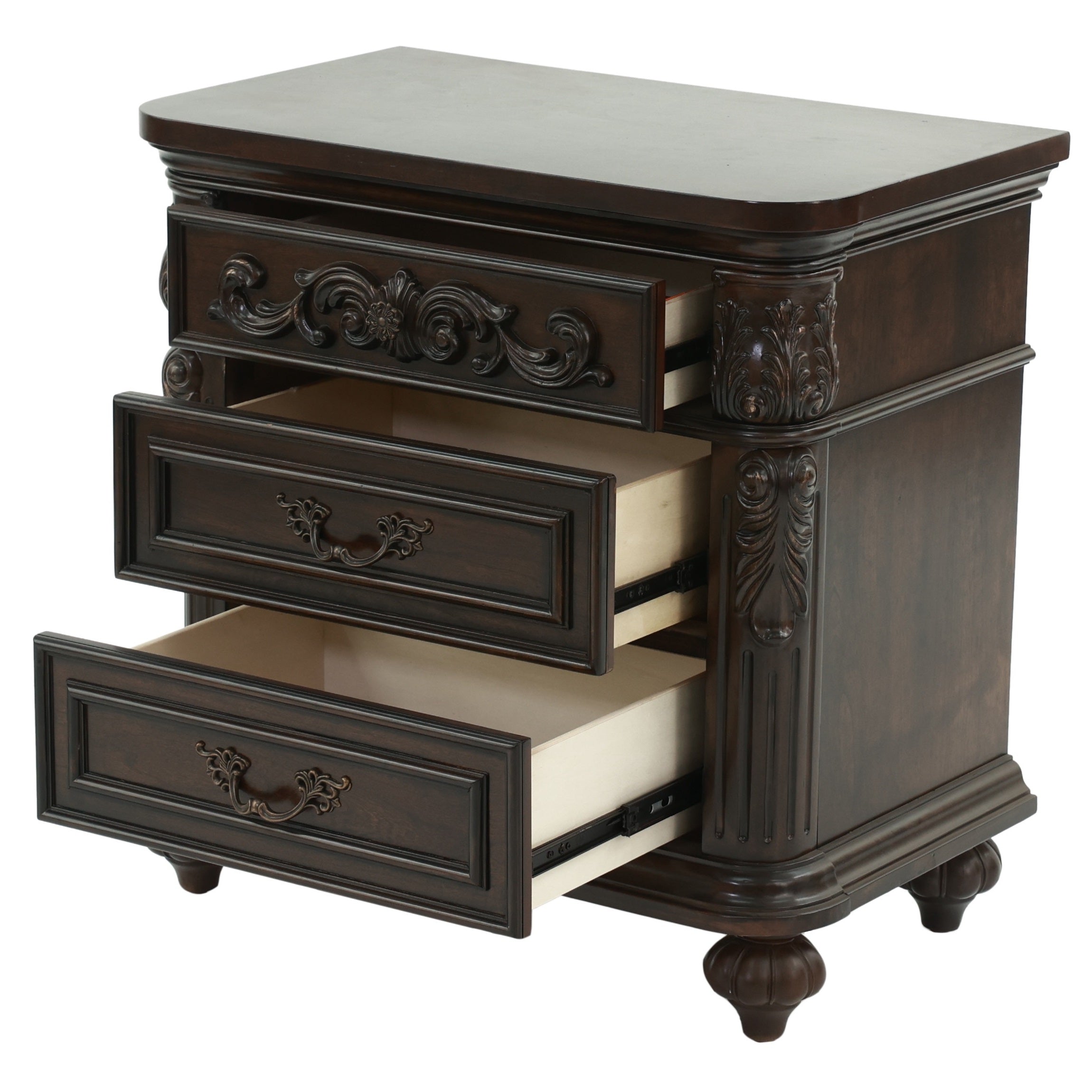 Majestic Formal King Size Bed 2x Nightstands Carved Details Antique Cherry 3pc Set Bedroom Furniture