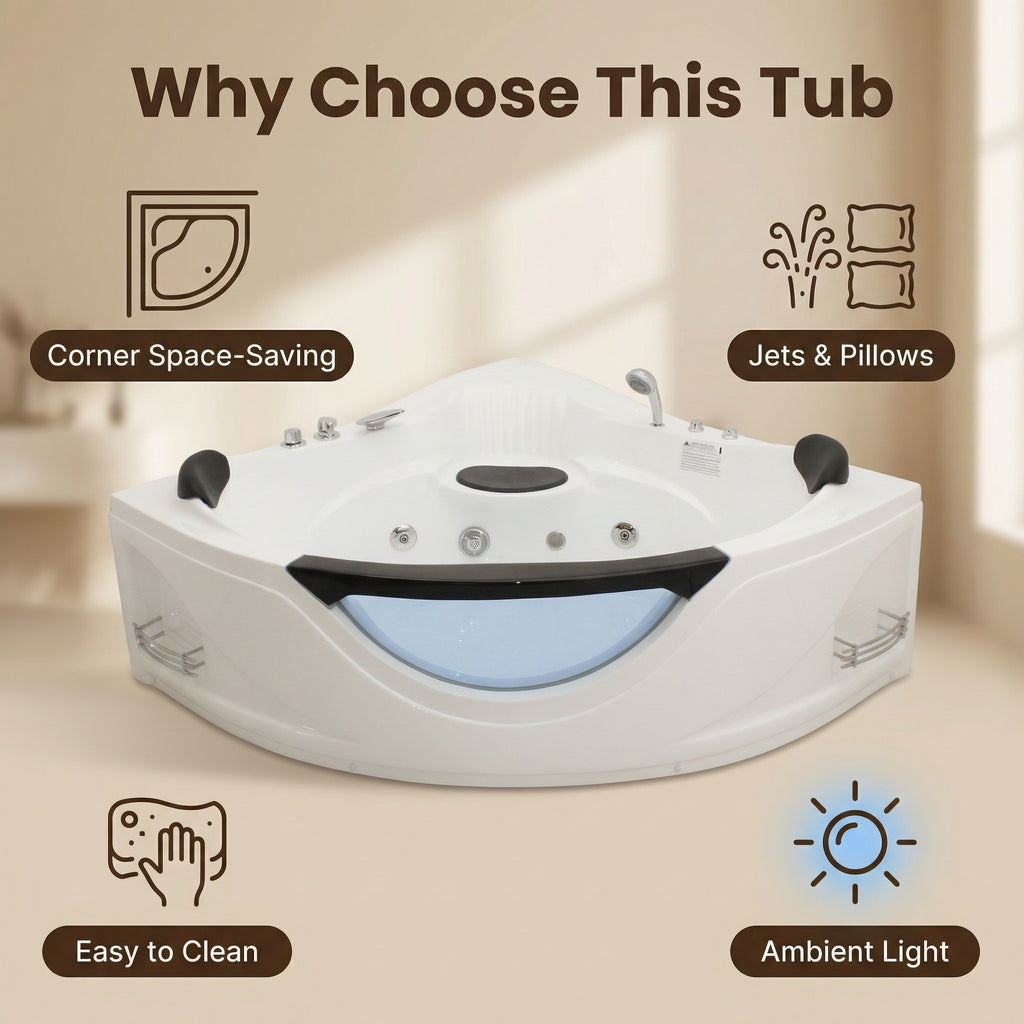 59" Corner Whirlpool Bathtub for 2-Person, Luxury Jetted Spa Tub with 6 Hydro Massage Jets, Chromatherapy LED Lights &Pneumatic adjust system, UL Certified water pump,UPC Certified drainer