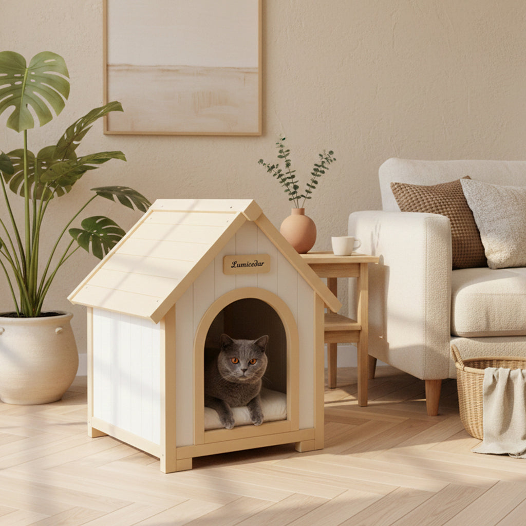Modern Indoor Wooden Dog House with EVA Cushion – Solid Cedar Pet House for Small Dogs & Cats
