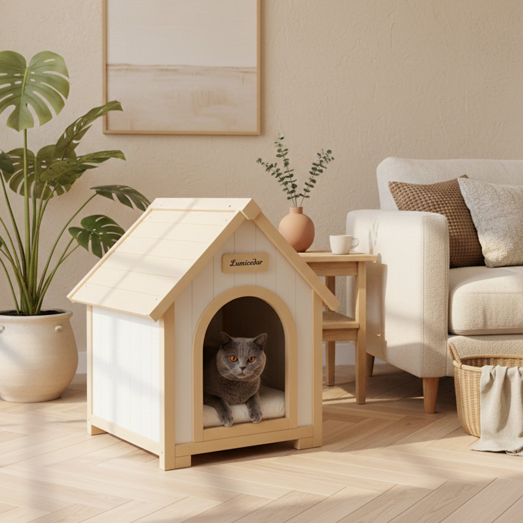 Modern Indoor Wooden Dog House with EVA Cushion – Solid Cedar Pet House for Small Dogs & Cats