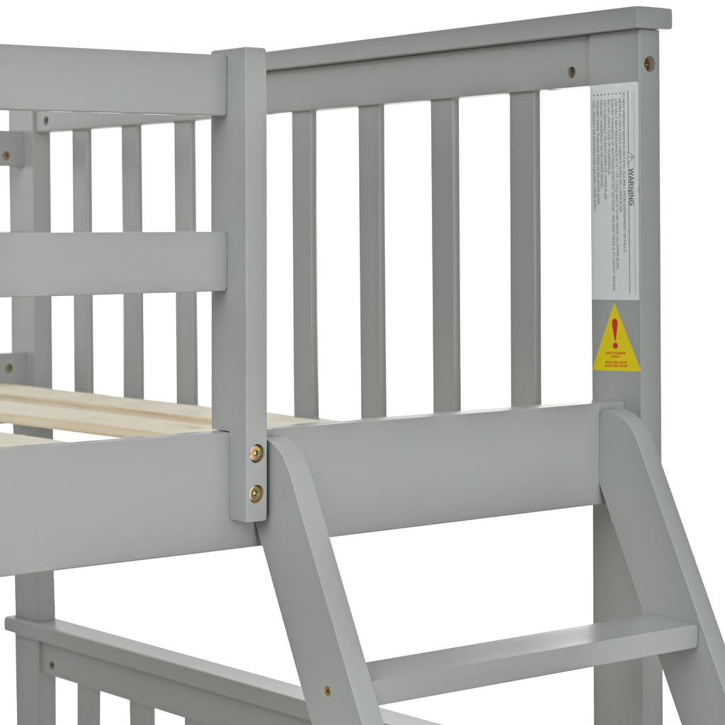 Twin Over Full Bunk Bed , Wooden Bunk Bed with Ladder and Safety Guard Rails –Gray