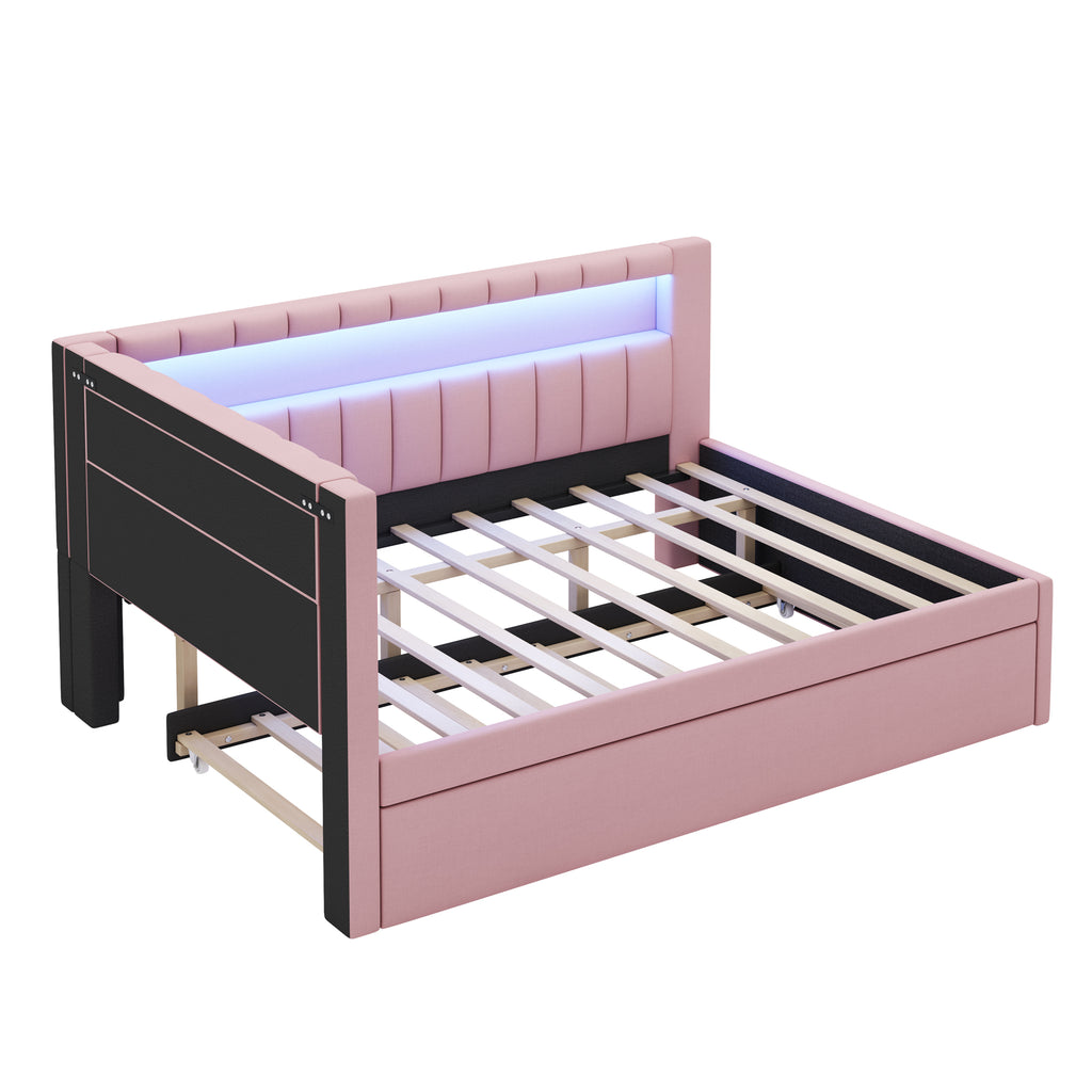 Upholstered Full Size Platform Bed with USB Ports and LED Belt, With Trundle, Pink