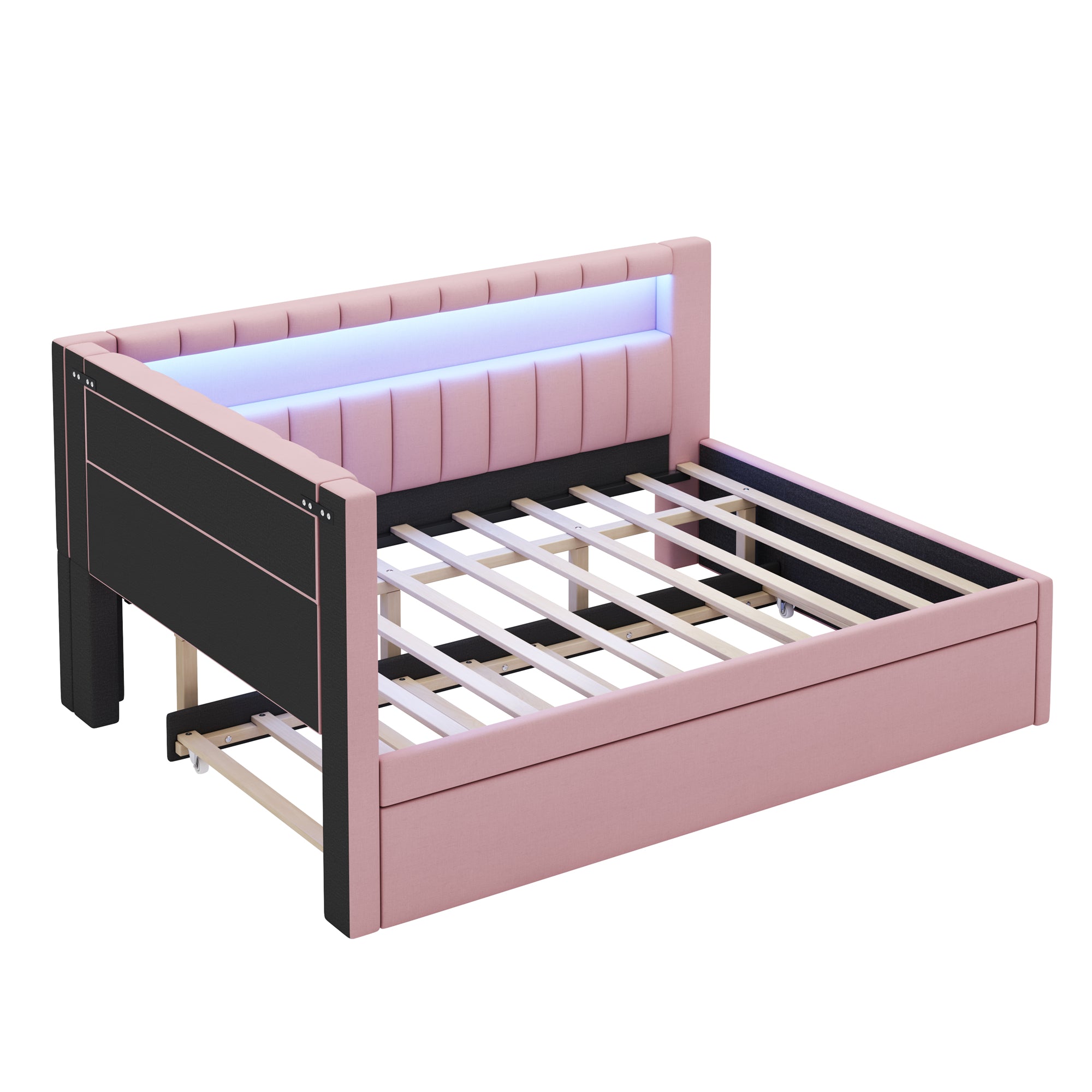 Upholstered Full Size Platform Bed with USB Ports and LED Belt, With Trundle, Pink