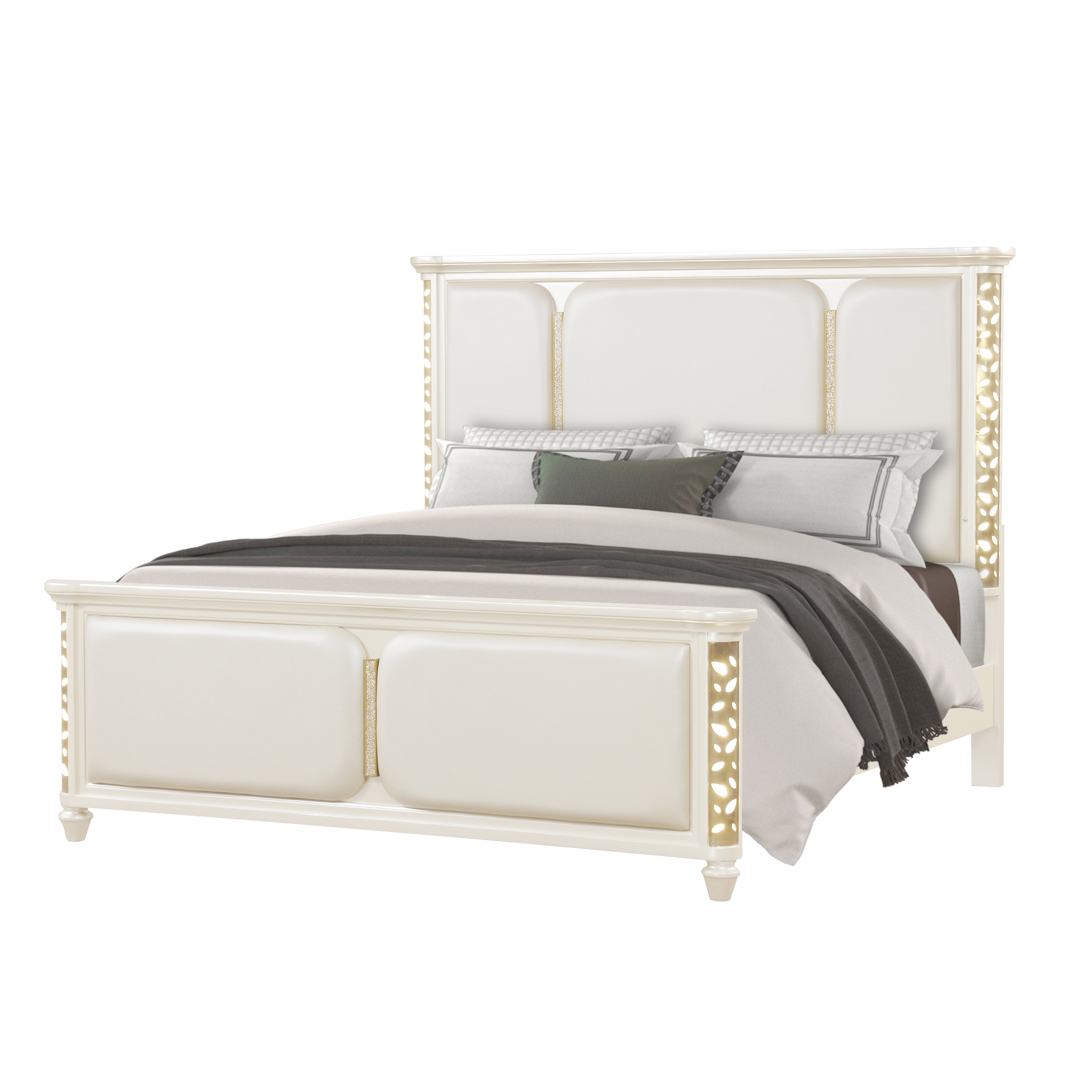 Cinderella Traditional 4 Pc Queen Bedroom Set with LED Lighting, Upholstered Bed and Gold Accents in Beige