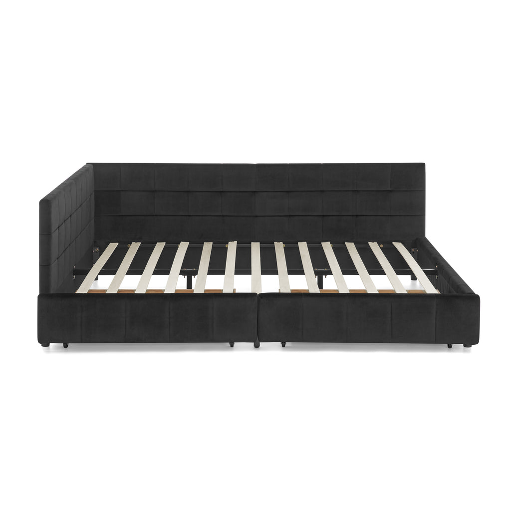 Queen Size Storage Upholstered Tufted Bed Frame, Sofa Bed Frame with Comfortable Backrest and Armrests, Queen Size Bed for Bedroom, Living Room,Velvet, BLACK(85.5''*64.5''*29.5'')
