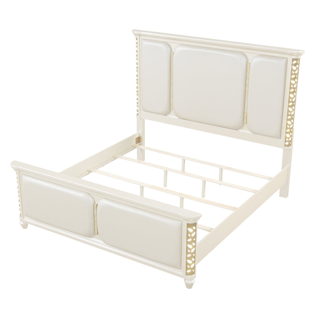 Cinderella Traditional 4 Pc Queen Bedroom Set with LED Lighting, Upholstered Bed and Gold Accents in Beige