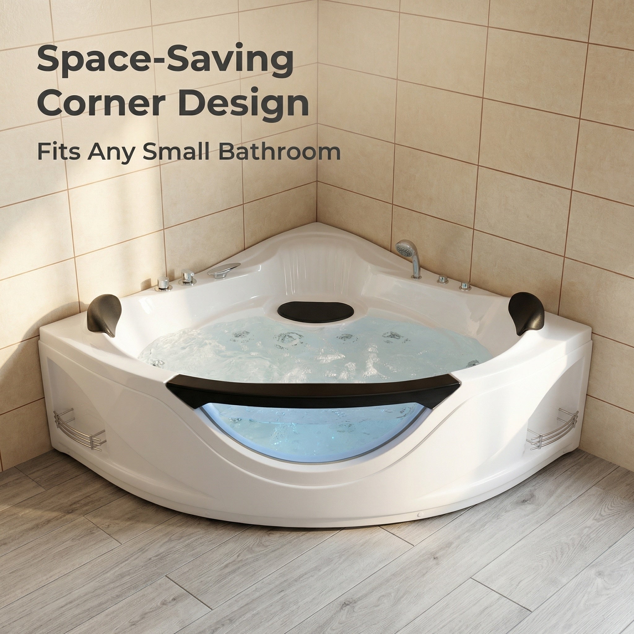 59" Corner Whirlpool Bathtub for 2-Person, Luxury Jetted Spa Tub with 6 Hydro Massage Jets, Chromatherapy LED Lights &Pneumatic adjust system, UL Certified water pump,UPC Certified drainer