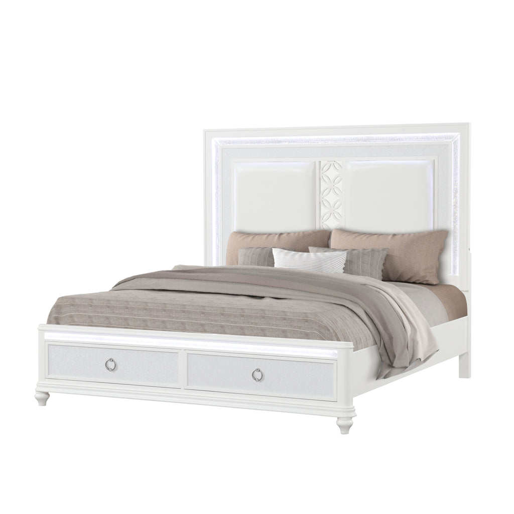 Abigale Queen 4Pc Bedroom Set with Mirror Top Nightstand made with wood, Footboard Drawers in White