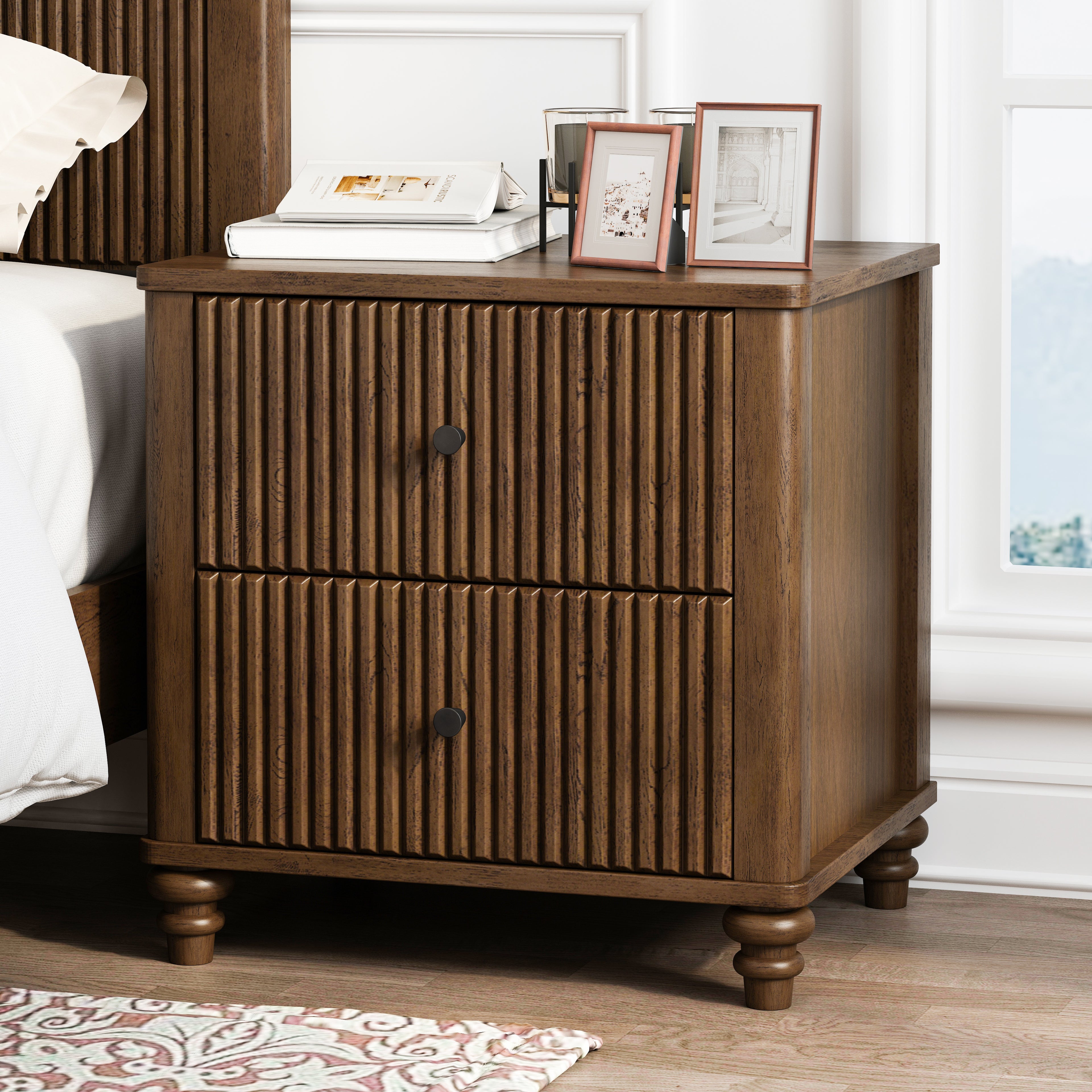 3-Piece Bedroom set with a Queen Size Bed and 2 Nightstands,Walnut Brown