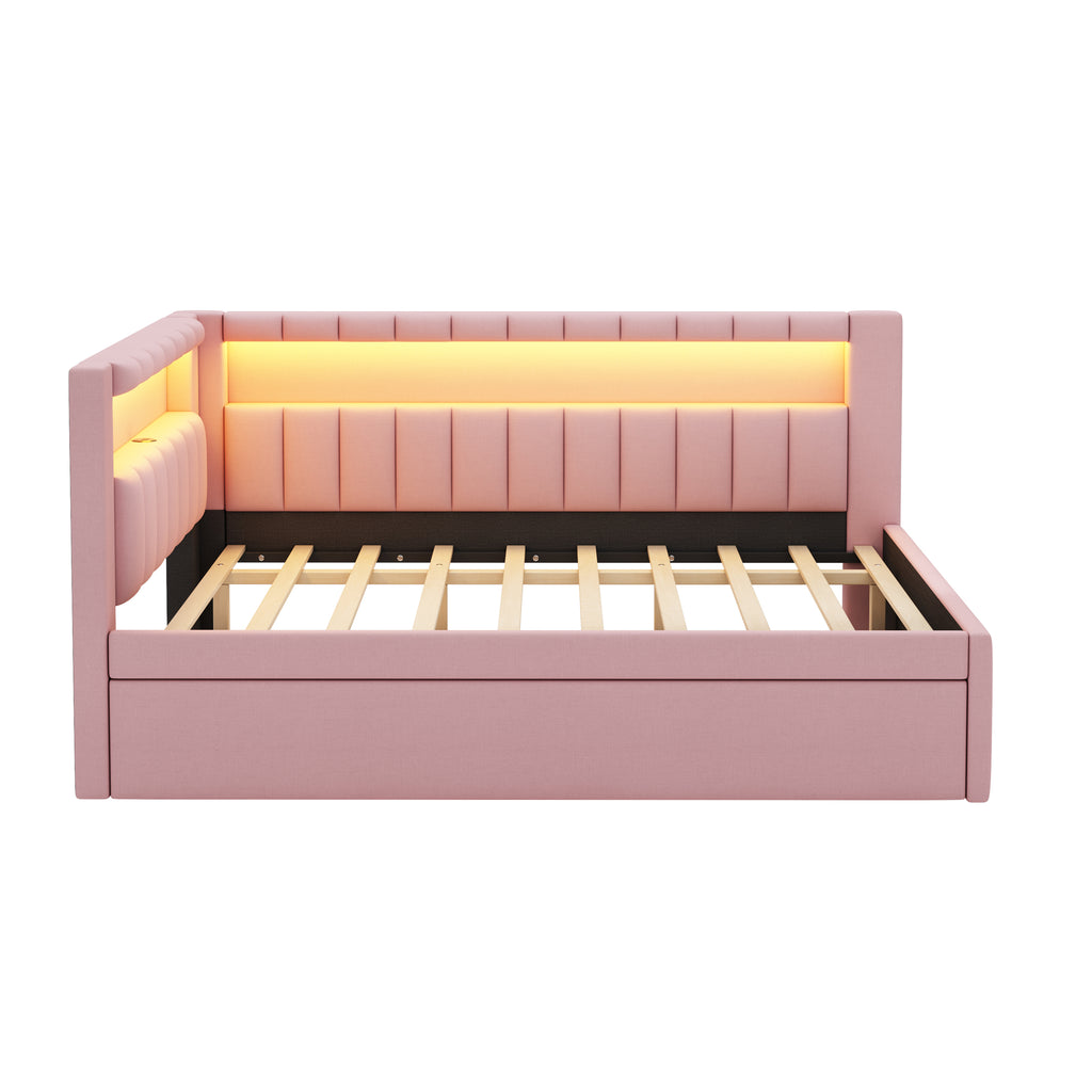 Upholstered Full Size Platform Bed with USB Ports and LED Belt, With Trundle, Pink