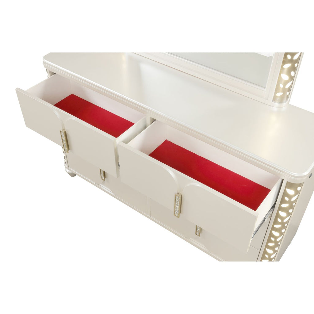 Cinderella Traditional 4 Pc Queen Bedroom Set with LED Lighting, Upholstered Bed and Gold Accents in Beige
