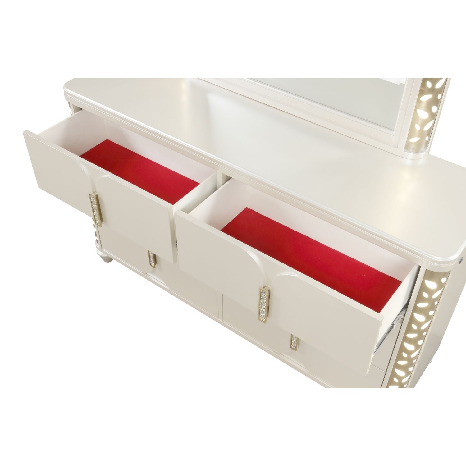 Cinderella Traditional 4 Pc Queen Bedroom Set with LED Lighting, Upholstered Bed and Gold Accents in Beige