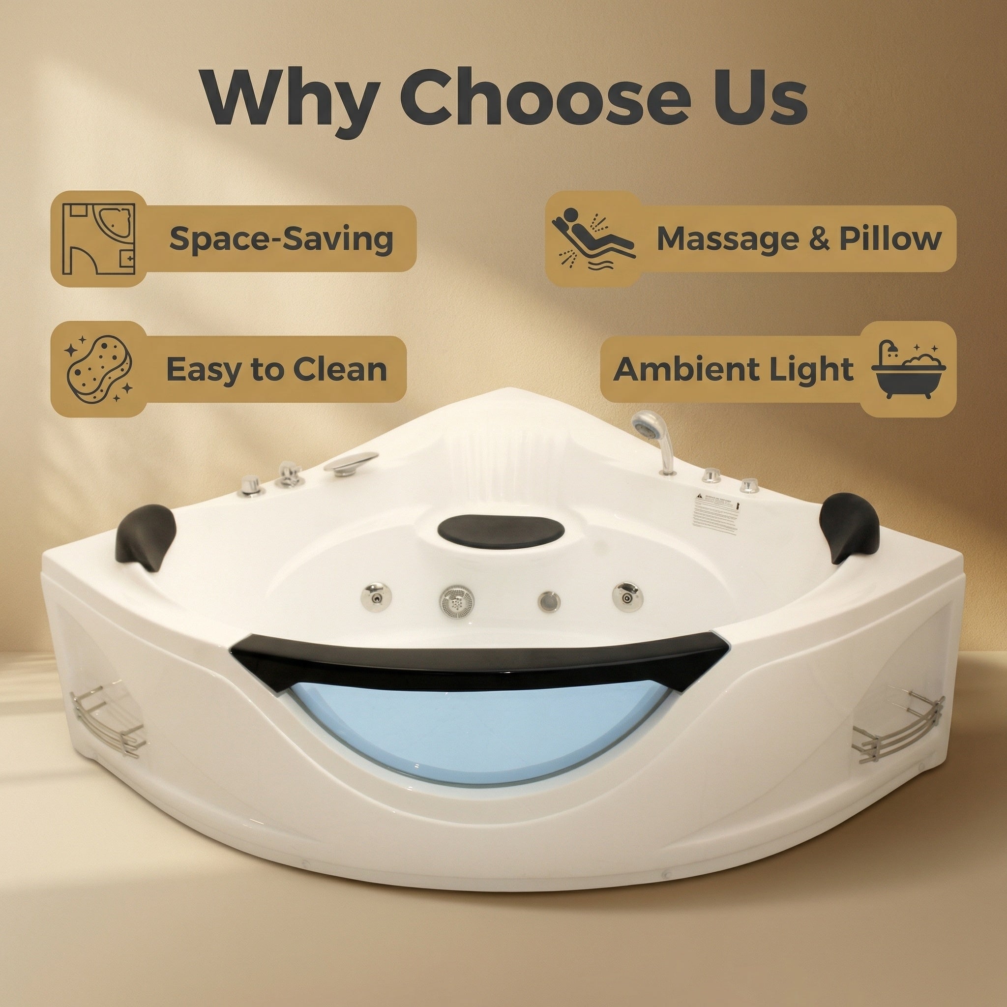 59" Corner Whirlpool Bathtub for 2-Person, Luxury Jetted Spa Tub with 6 Hydro Massage Jets, Chromatherapy LED Lights &Pneumatic adjust system, UL Certified water pump,UPC Certified drainer