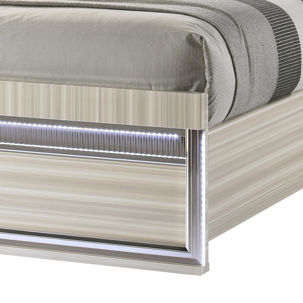 Leonor Modern Queen 4Pc Bedroom Set Made with Wood and LED Lighting in Gray with Clean Linear Detailing