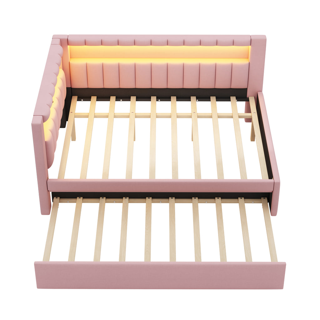 Upholstered Full Size Platform Bed with USB Ports and LED Belt, With Trundle, Pink