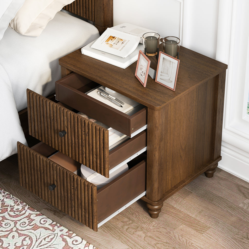 3-Piece Bedroom set with a Queen Size Bed and 2 Nightstands,Walnut Brown