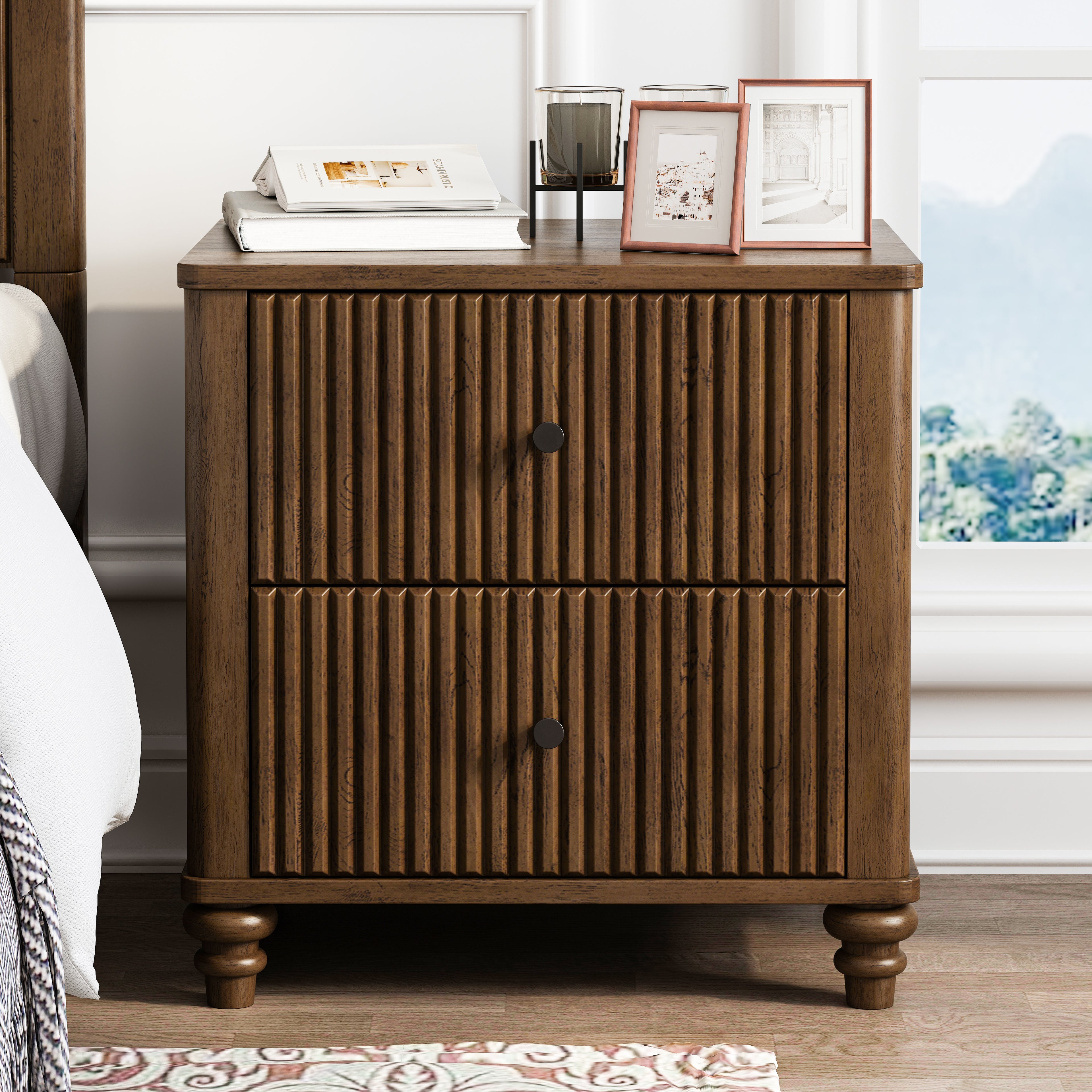 3-Piece Bedroom set with a Queen Size Bed and 2 Nightstands,Walnut Brown