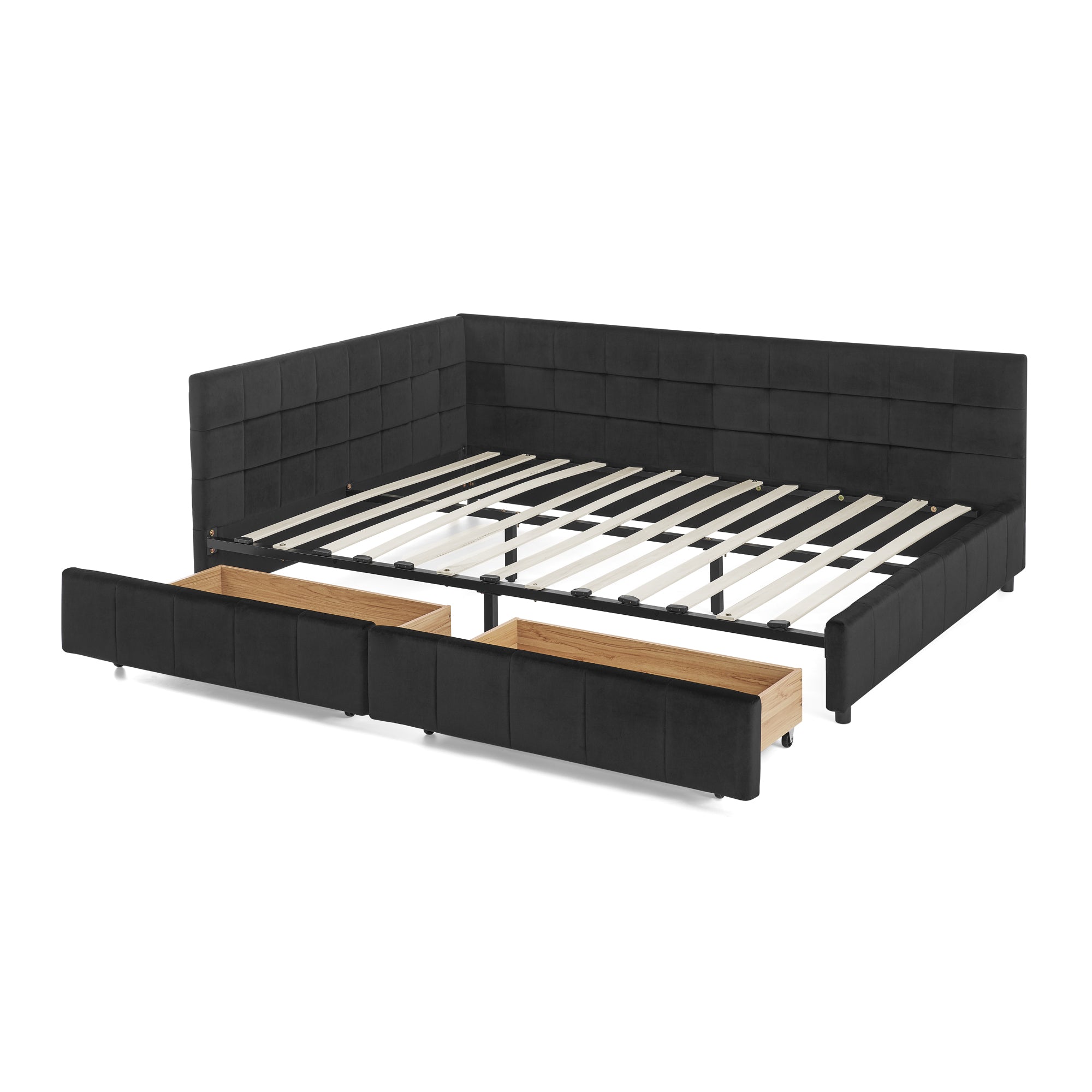 Queen Size Storage Upholstered Tufted Bed Frame, Sofa Bed Frame with Comfortable Backrest and Armrests, Queen Size Bed for Bedroom, Living Room,Velvet, BLACK(85.5''*64.5''*29.5'')