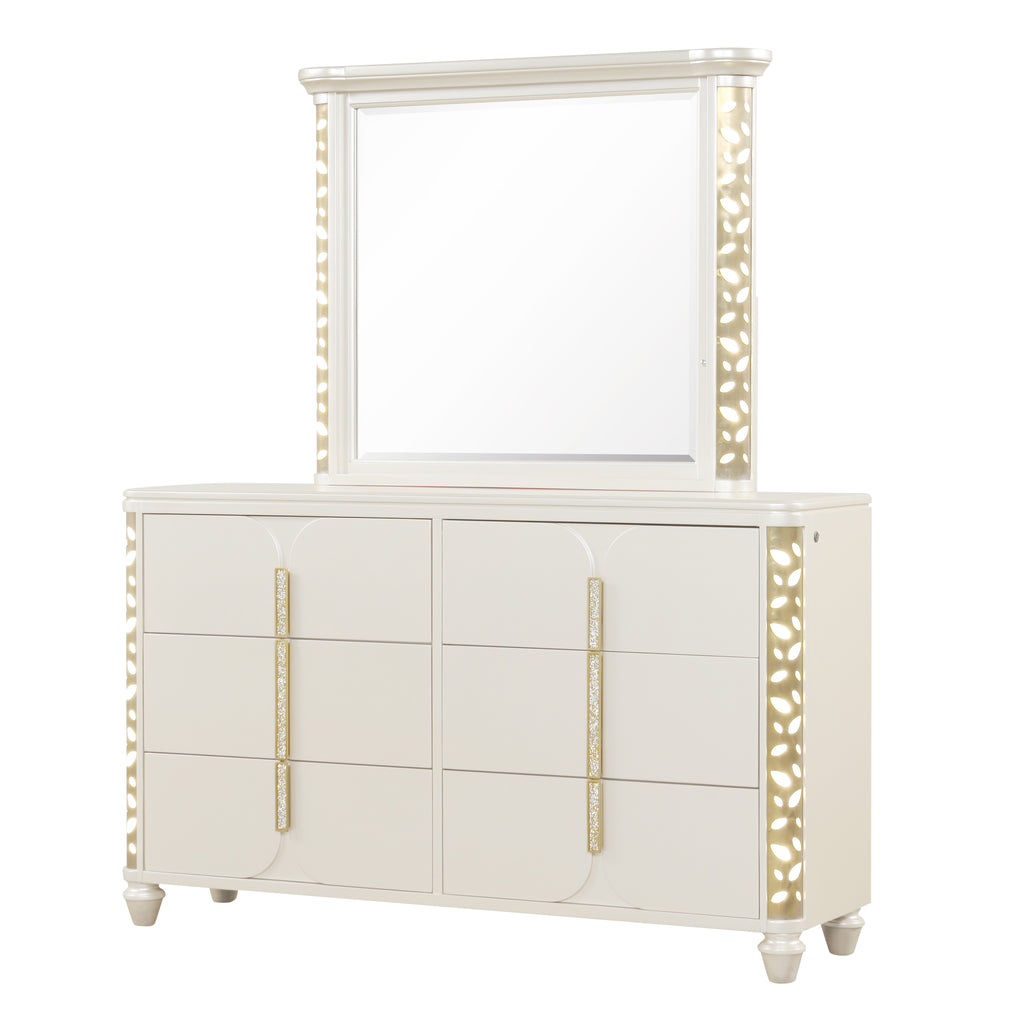 Cinderella Traditional 4 Pc Queen Bedroom Set with LED Lighting, Upholstered Bed and Gold Accents in Beige