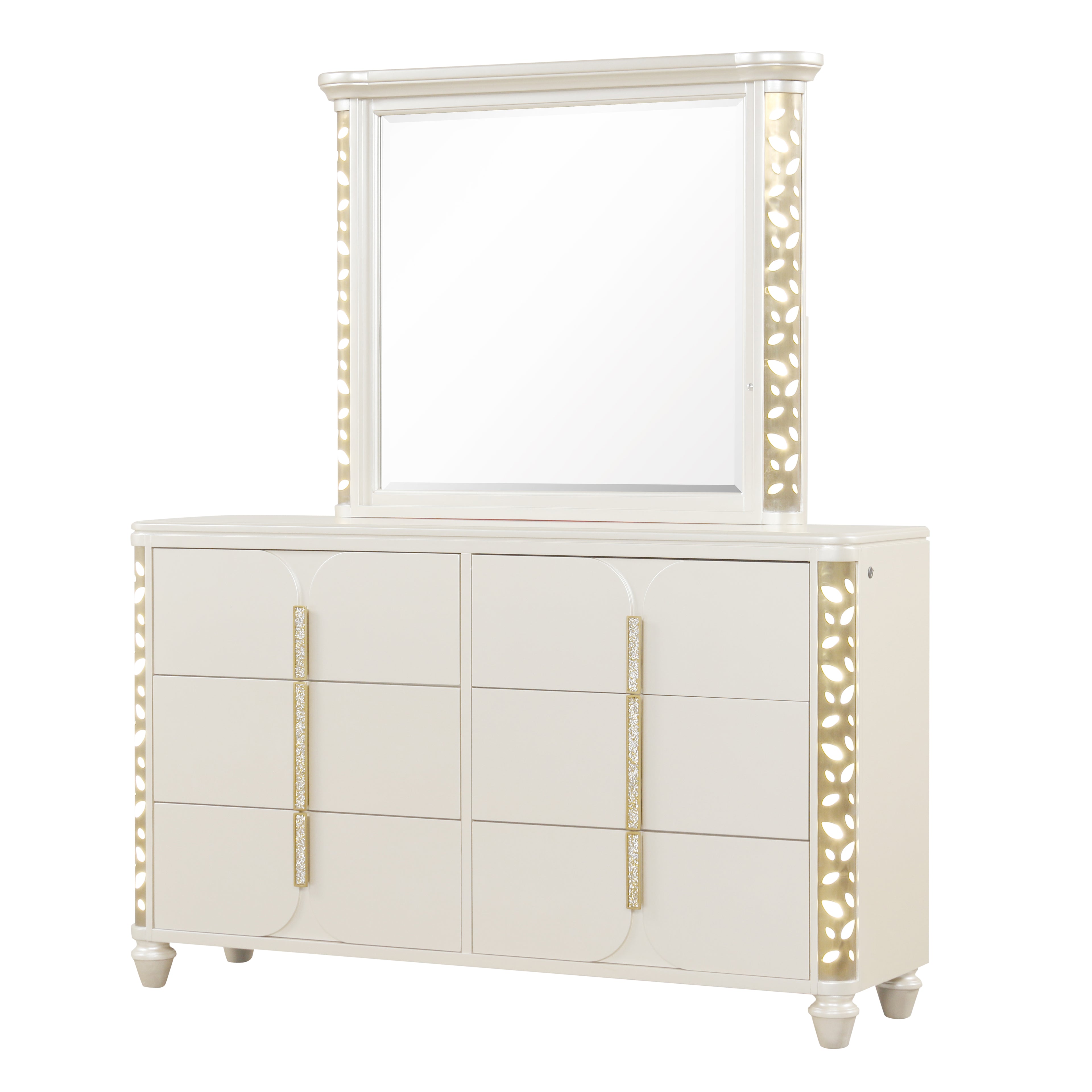 Cinderella Traditional 4 Pc Queen Bedroom Set with LED Lighting, Upholstered Bed and Gold Accents in Beige